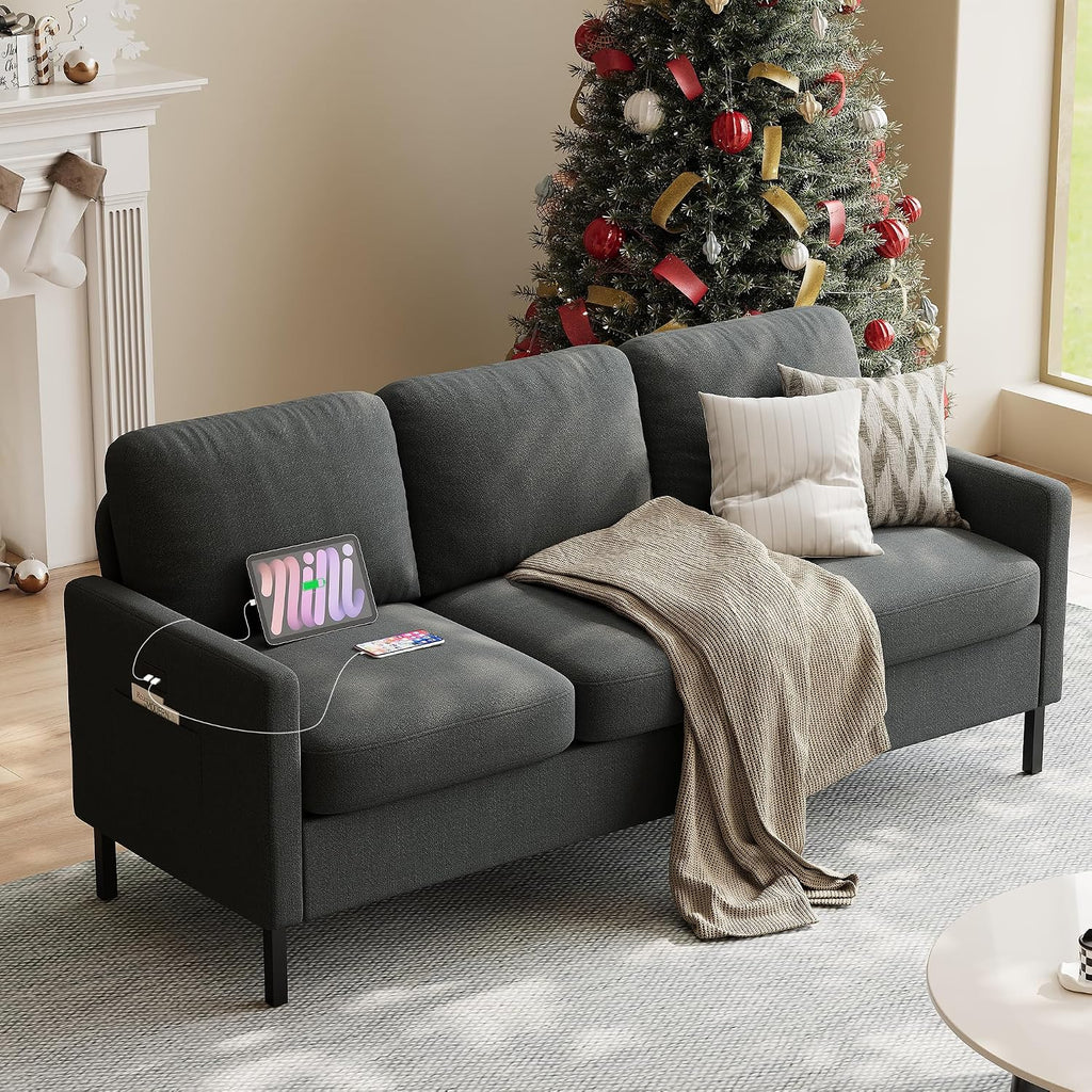STHOUYN 72' W 3 Seater Couch with 2 USB, Comfy Grey Couch with 2 Pockets, Living Room Sofas with Reinforced Steel Frame, Cheap Sofas for Small Spaces, Dorm, Bedroom