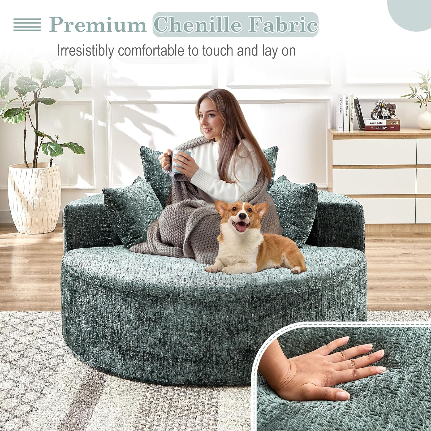 Oversized Round Chaise Longue Chair Indoor, Modern 55-inch Upholstered Chenille Deep Seat Circle Single Cloud Lounge Floor Sofa Chair for Living Room, Bedroom Apartment, Green