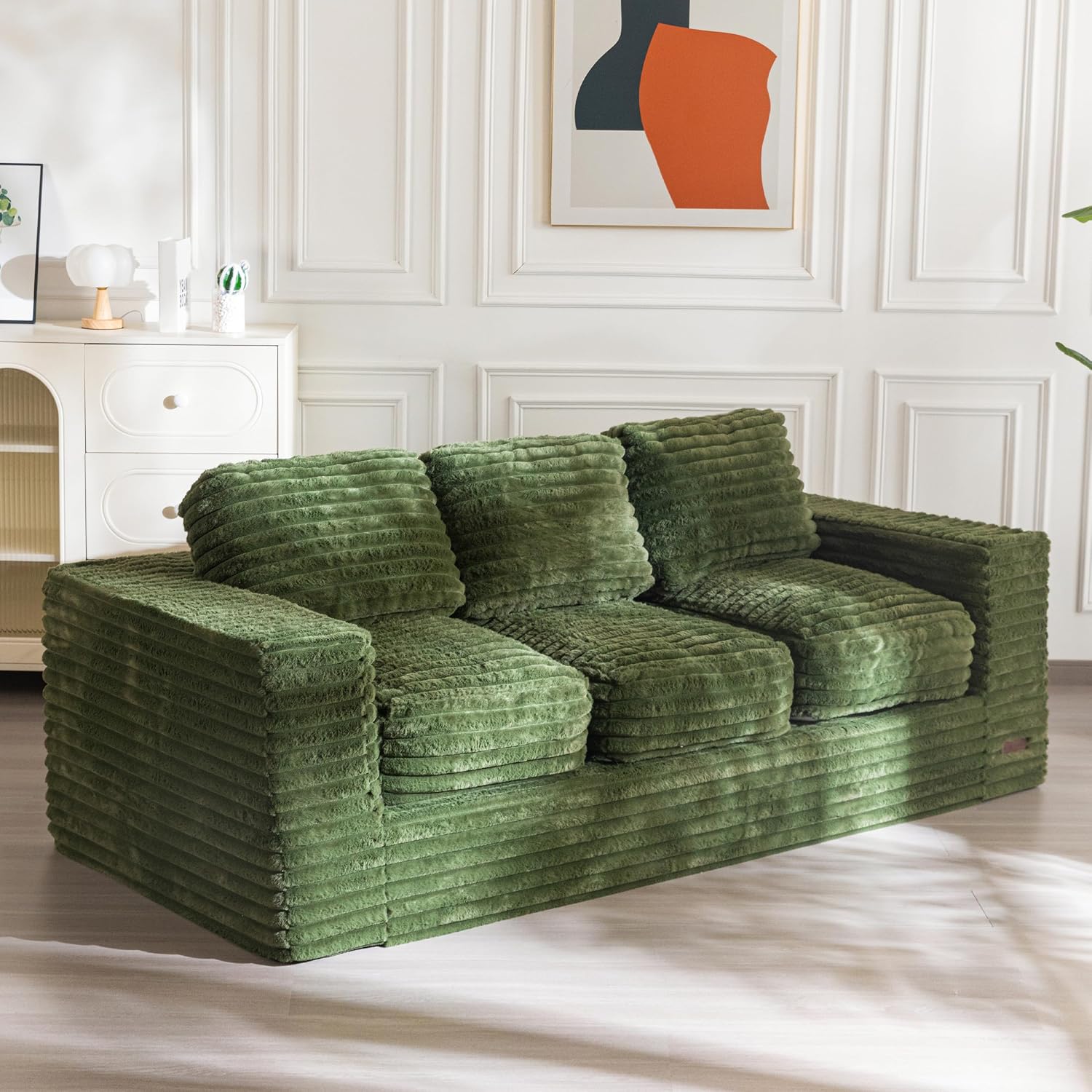 MAXYOYO 3-Seater Boneless Sofa Couch in a Box, Modern Faux Fur Sofa for Living Room, Soft High-Density Foam Couch with Pillows, Fluffy & Supportive Lounge, No Assembly Required, Green