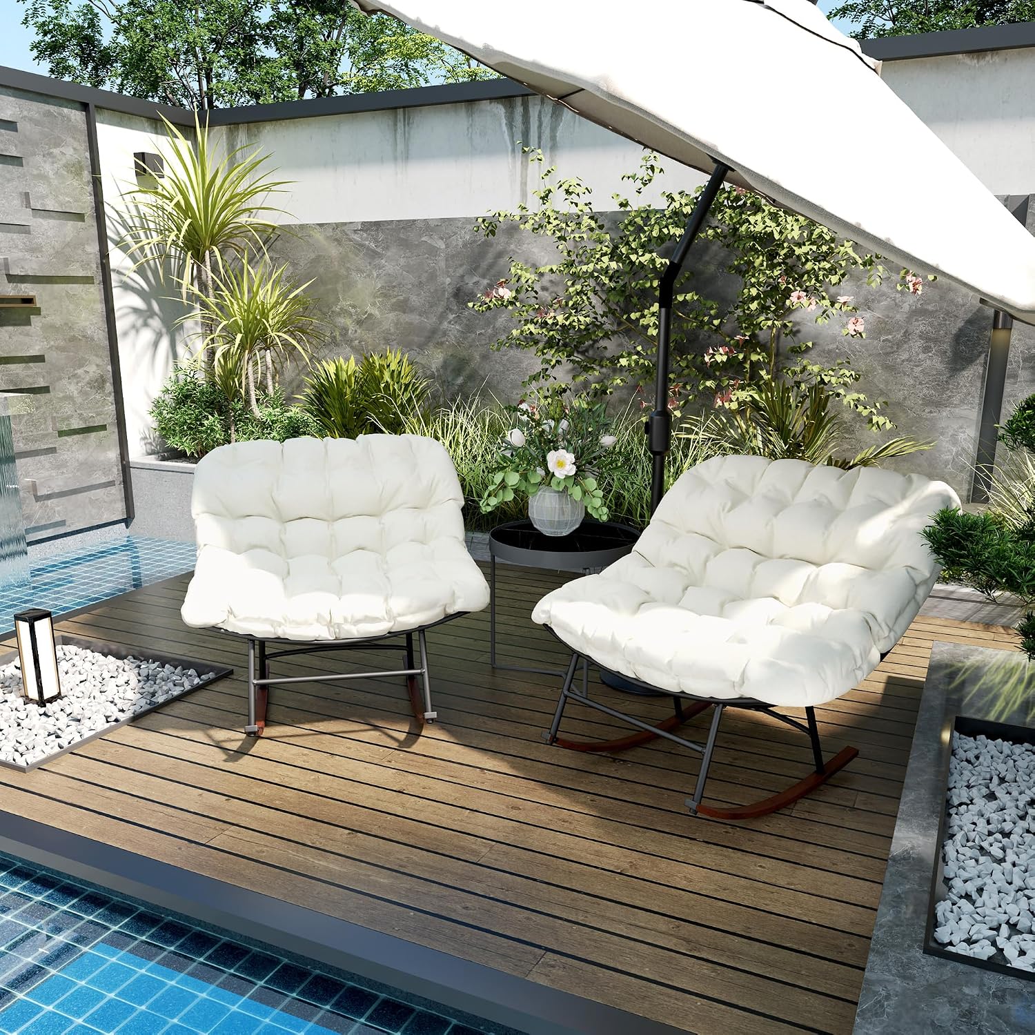 Outsunny Outdoor Rocking Chair Set of 2, Oversized Rocking Papasan Chairs with Cushions, Steel Frame, Comfy Outdoor Rockers for Patio Porch Lawn Garden, Beige