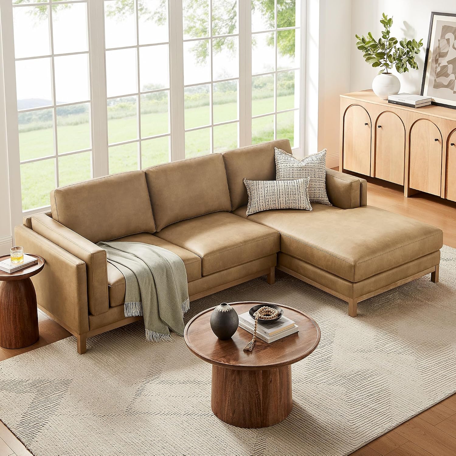 Modway Roscoe Right-Facing Sectional Sofa with Chaise in Toast - 2-Piece Faux Leather Upholstered Deep Seat Couch, L Shaped Modular for Living Room or Lounge