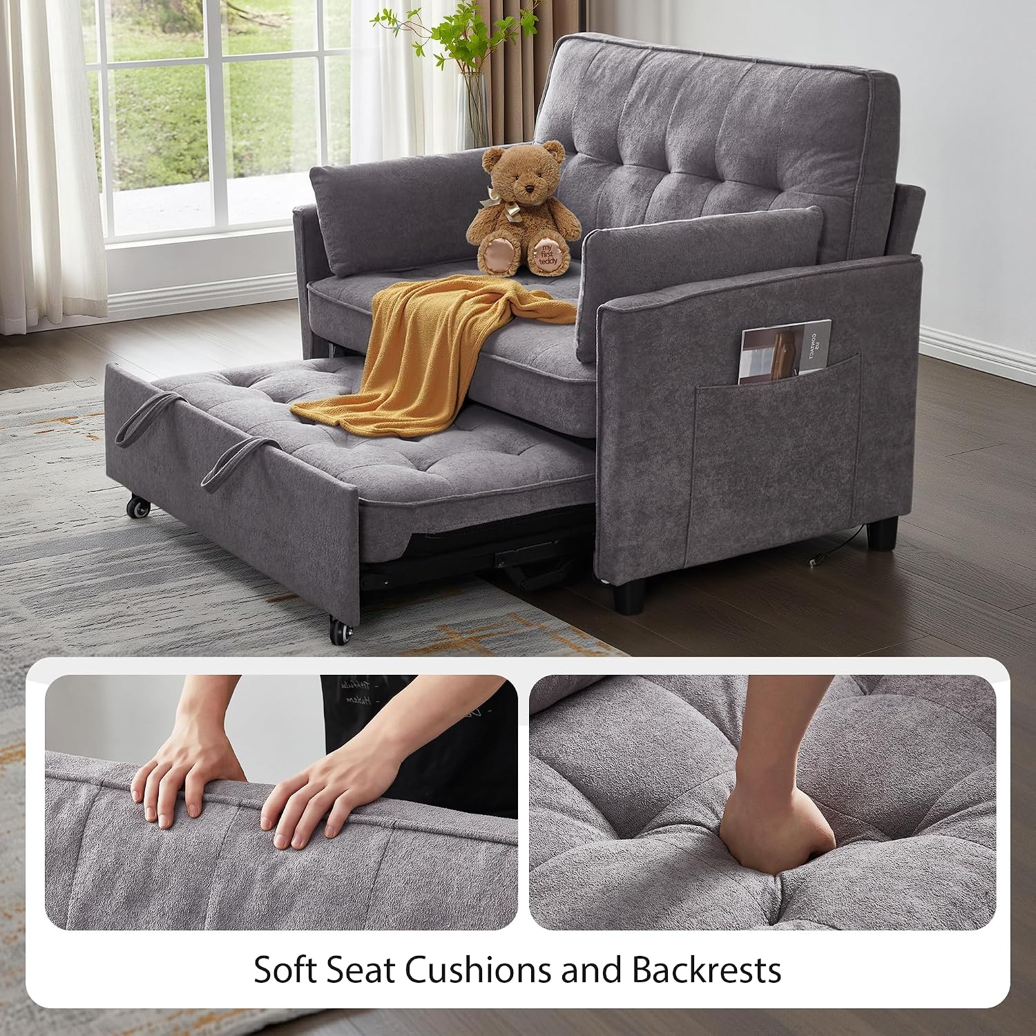 Convertible Sofa Bed, 3 in 1 Pull Out Couch, Loveseat Sleeper with Side Pocket, Living Room Sofa with Adjustable Backrest | USB Charging Port | Two Pillows | Fabric | Dark Gray