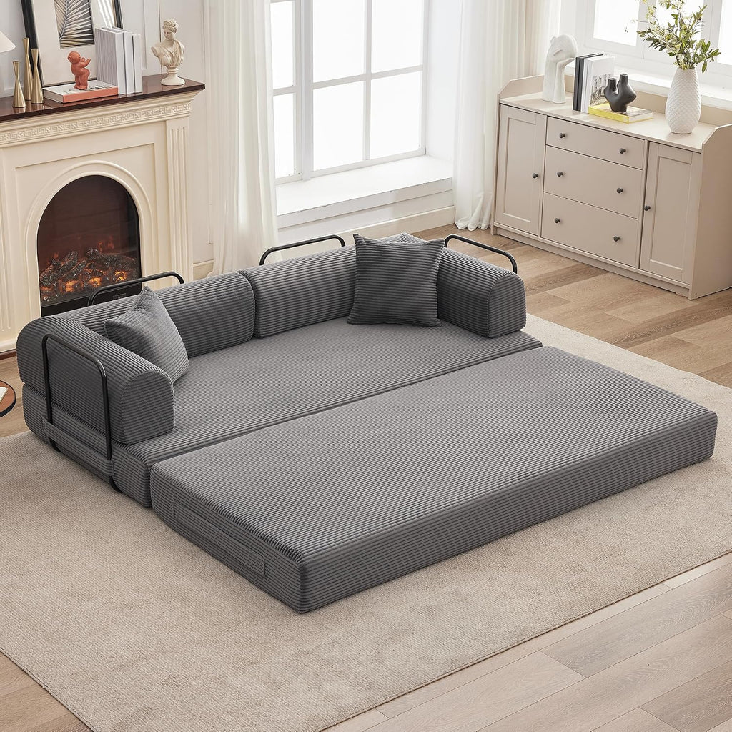 GarveeHome 79' Convertible Sleeper Sofa Bed Couch, 4-in-1 Boneless Corduroy Folding Sofa Bed with Pillow & Fixed-Shape, Floor Mattress Couch Loveseat for Living Room Apartments - No Assembly, Gray