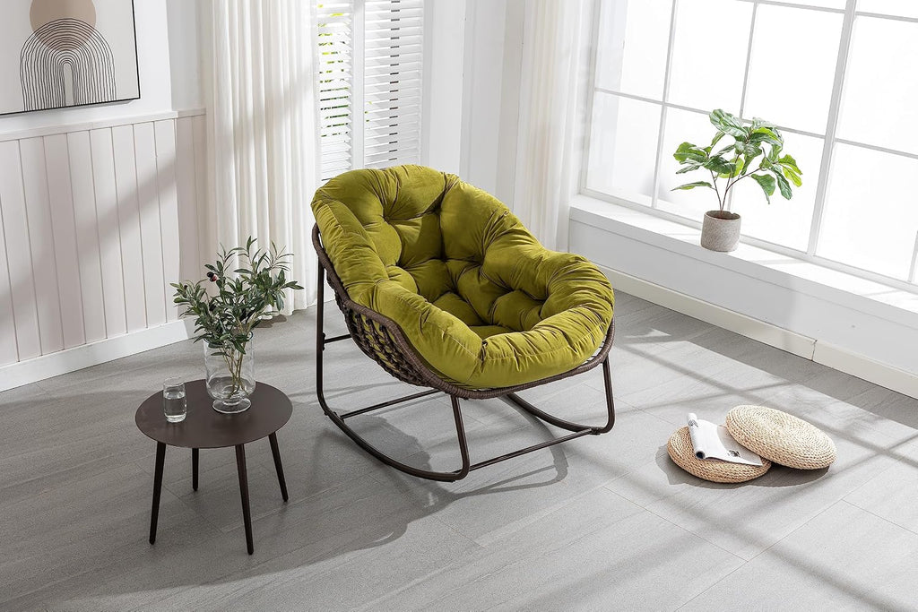Oversized Indoor Outdoor Rocking Papasan Chair, Rattan Wicker Egg Rocking Chair with Steel Frame & Thick Olefin Cushion, Comfy Recliner Lounger for Patio, Backyard, Balcony, Garden,Olive Green