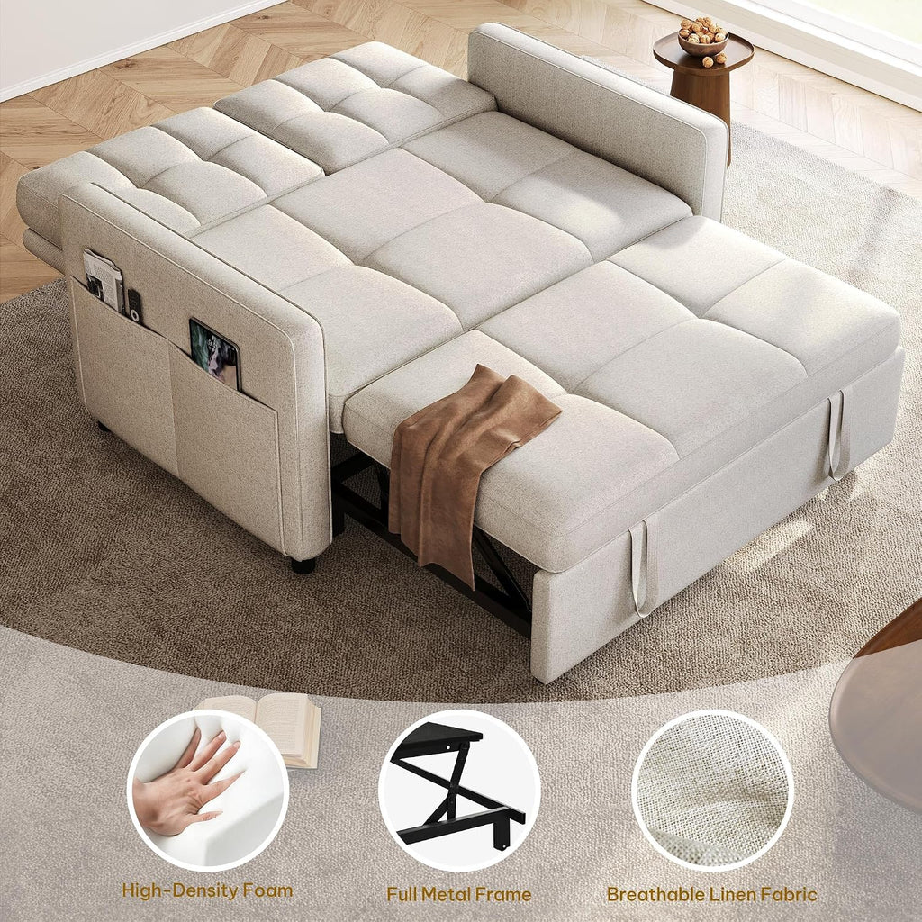 DWVO 55' Convertible Sofa Bed, 3-in-1 Sleeper Sofa with Pull-Out Bed, Linen Futon Couch with Adjustable Backrest and Side Pocket, Modern Loveseat for Living Room Apartment, Light Beige