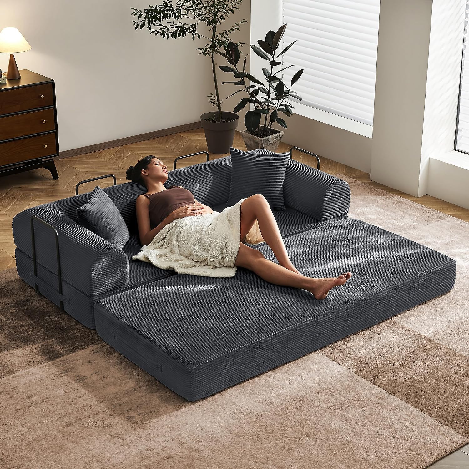 79' Convertible Sofa Bed with Fixed-Shape Frame & Removable Armrests, Modular Corduroy Sleeper Sofa, Folding Mattress Couch for Small Spaces - No Assembly Needed in Dark Gray (Includes 2 Pillows)