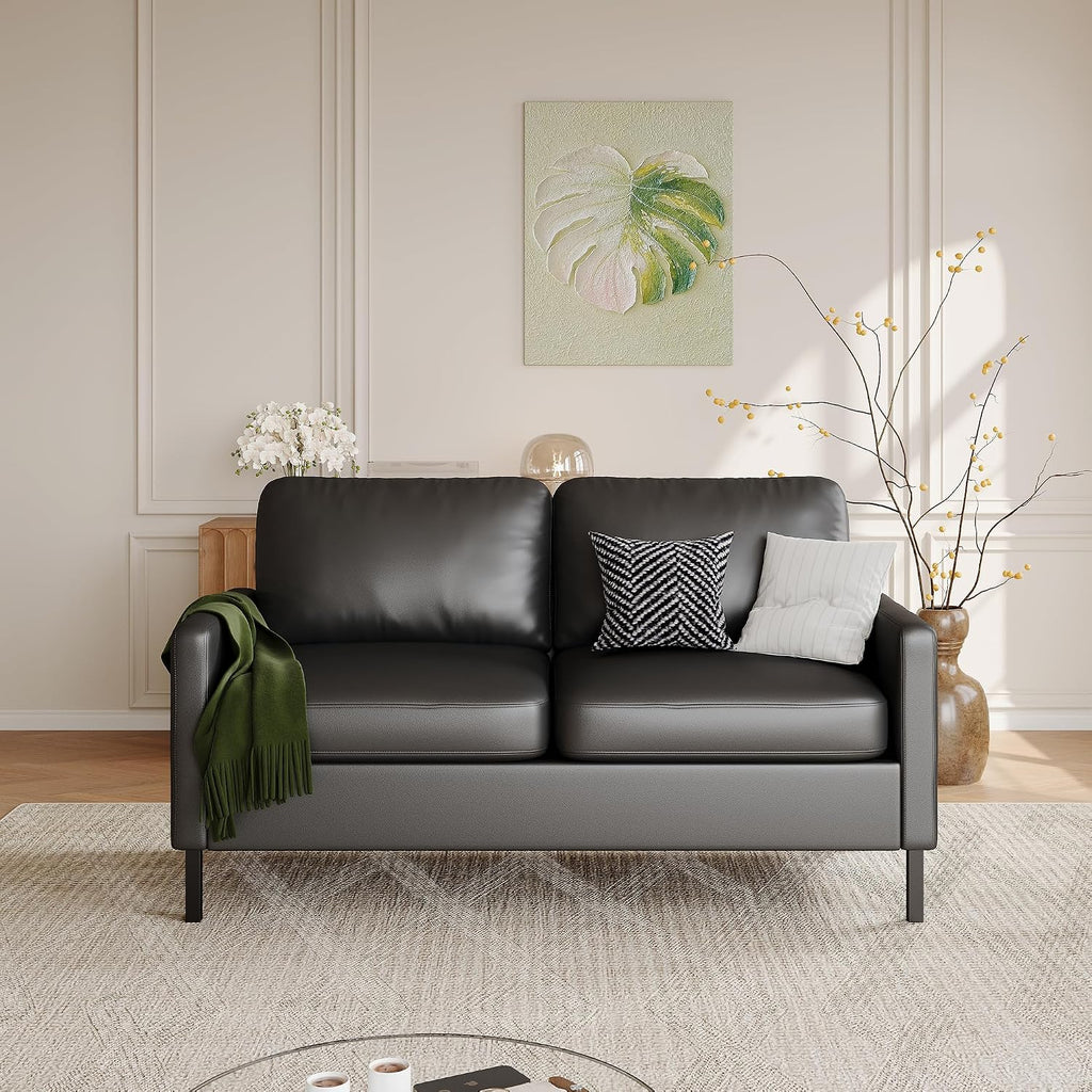 STHOUYN 56' W Faux Leather Loveseat w/ 2 USB, Black Love Seat w/Side Pockets, Small Loveseat for Small Space, Leather Couch for Bedroom, Apartment, Dorm, Black
