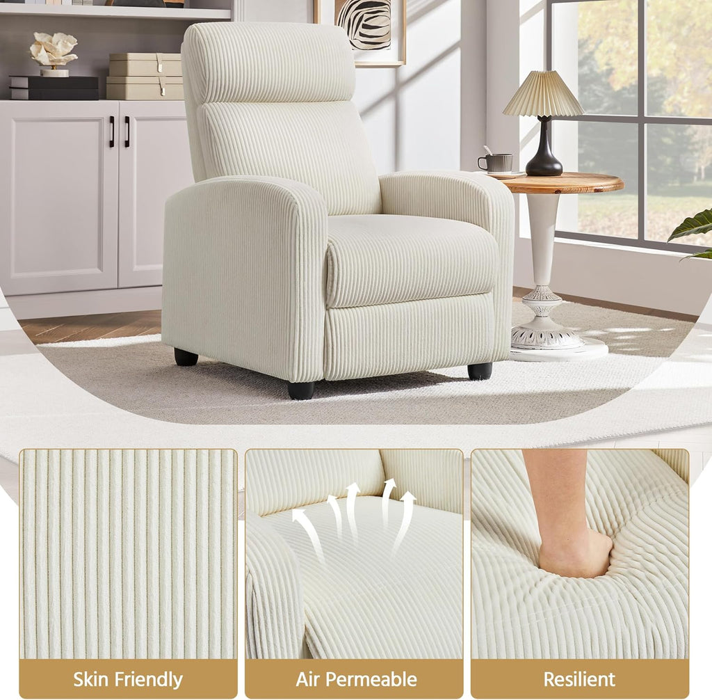 Yaheetech Corduroy Recliner Chair Single Sofa Home Theater Seating Adjustable Modern Reclining Chair for Living Room Bedroom Home Theater Beige