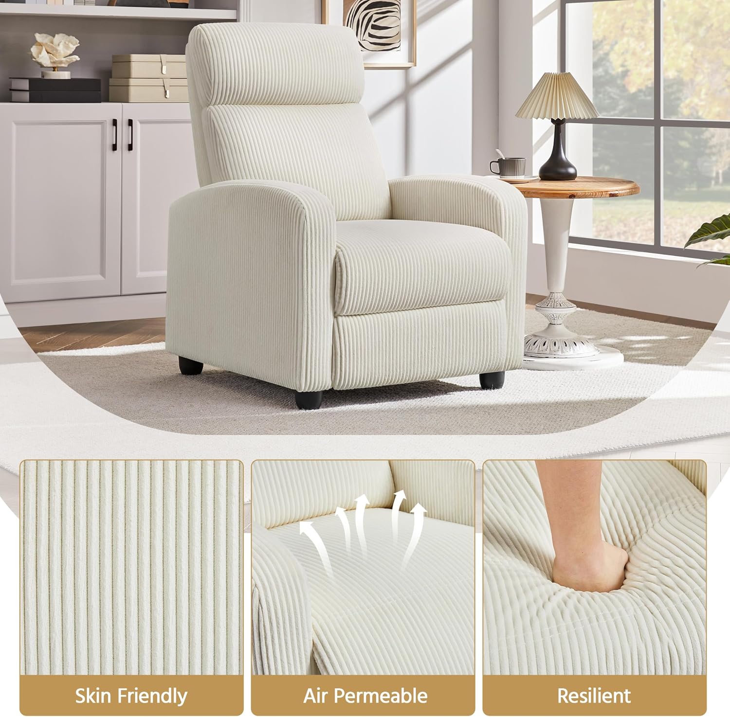 Yaheetech Corduroy Recliner Chair Single Sofa Home Theater Seating Adjustable Modern Reclining Chair for Living Room Bedroom Home Theater Beige