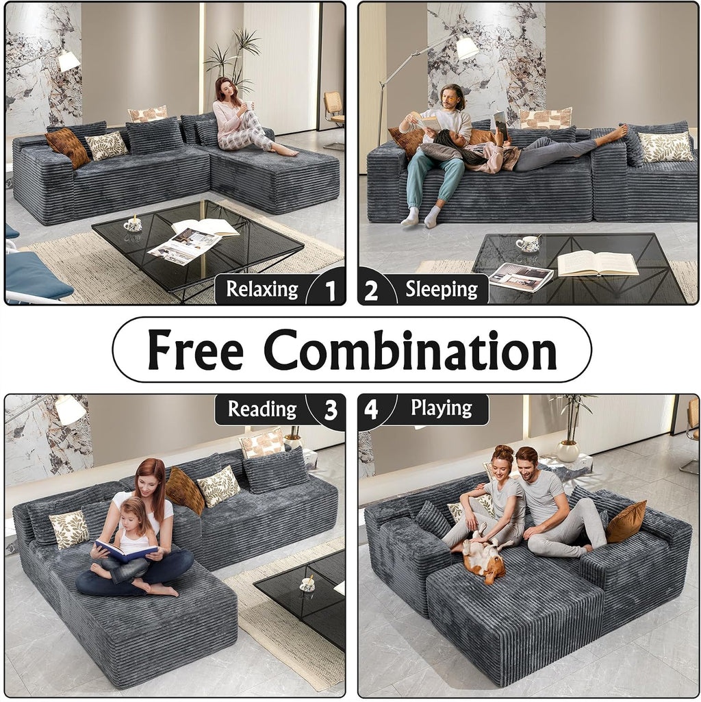 Sectional Couches for Living Room Corduroy Couch, 104' Cloud Boneless Couch with L-Shape Chaise, Modern Modular Sofa, Deep Seat Comfort, No Assembly Required(Plush Corduroy, Right Facing Chaise)