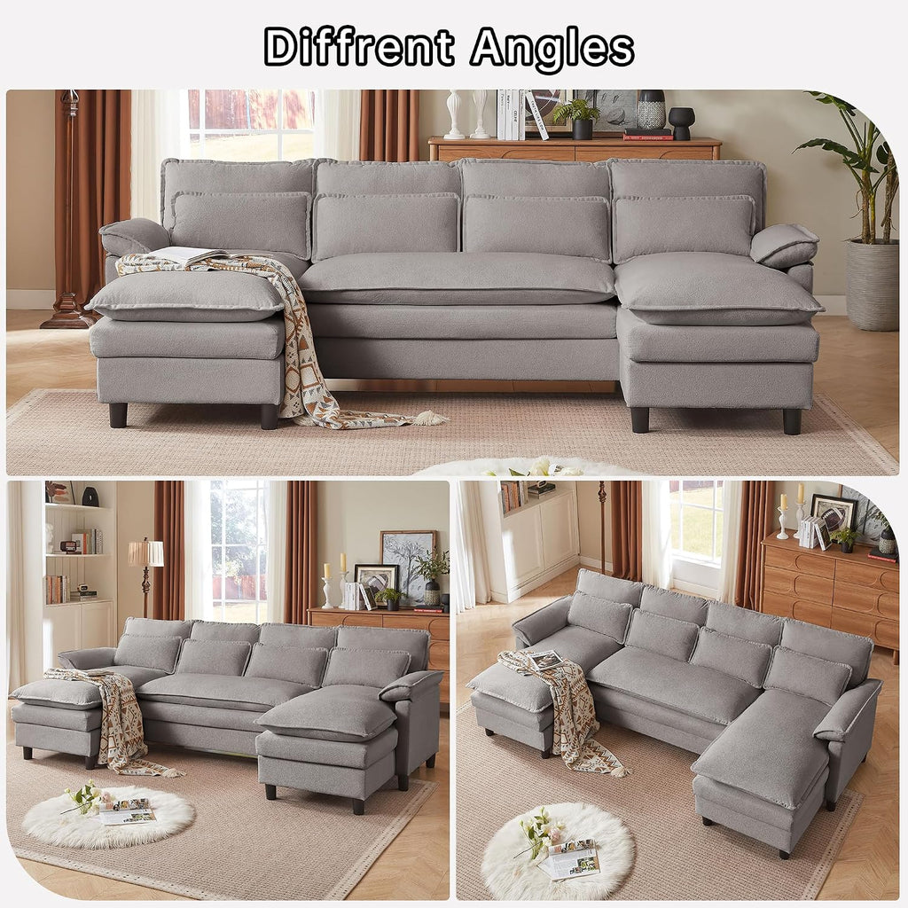 Comfy Cloud Couch Sectional Sofa with Lumbar Pillows, 105' Modern 4 Seater U Shaped Cloud Sofa with Deep Seat & Double Long Chaise, Sectional Couches for Living Room, or Office, Light Grey
