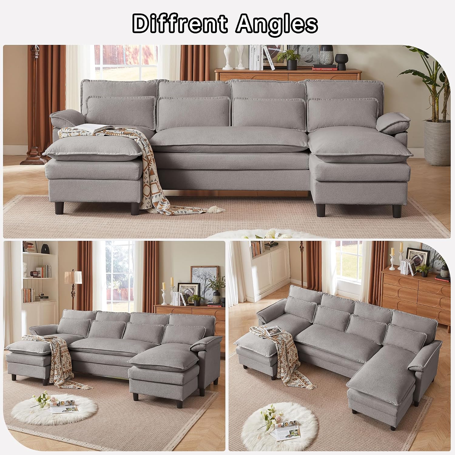 Comfy Cloud Couch Sectional Sofa with Lumbar Pillows, 105' Modern 4 Seater U Shaped Cloud Sofa with Deep Seat & Double Long Chaise, Sectional Couches for Living Room, or Office, Light Grey