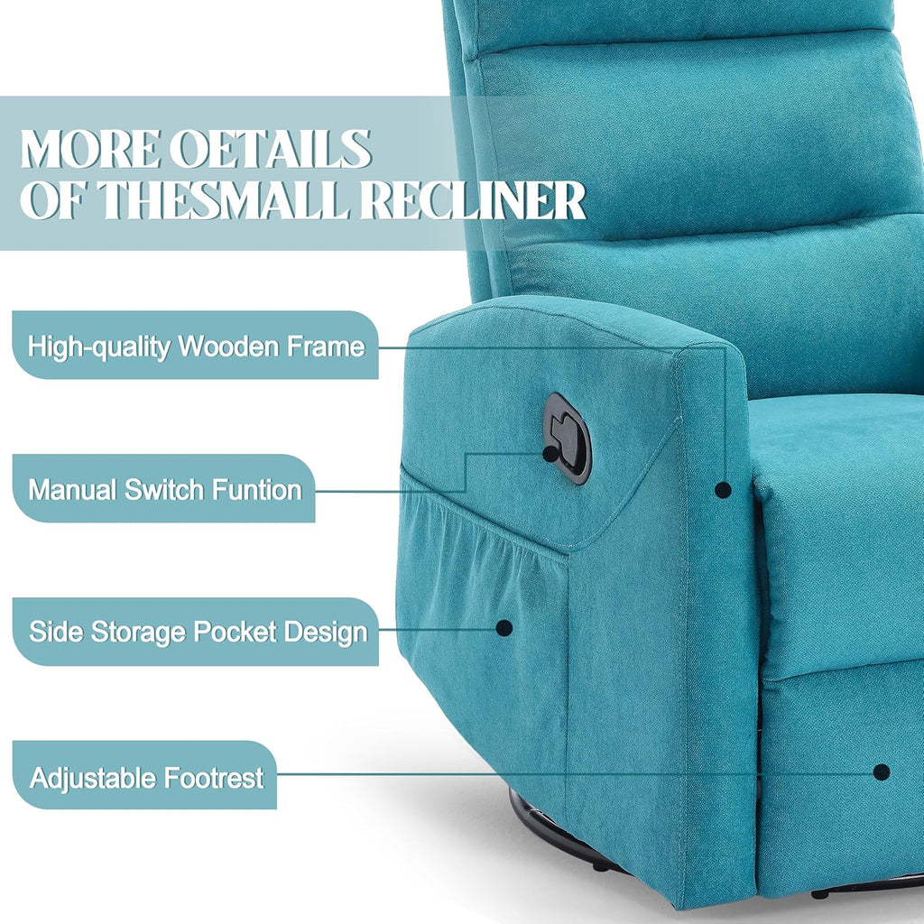 PELUMY Manual Recliner Chair, 360° Swivel Glider and Rocker Recliner with 155° Recline, Compact Fabric Recliner for Small Space, Nursery, Living Room, Bedroom, No Tools Assembly (Blue)