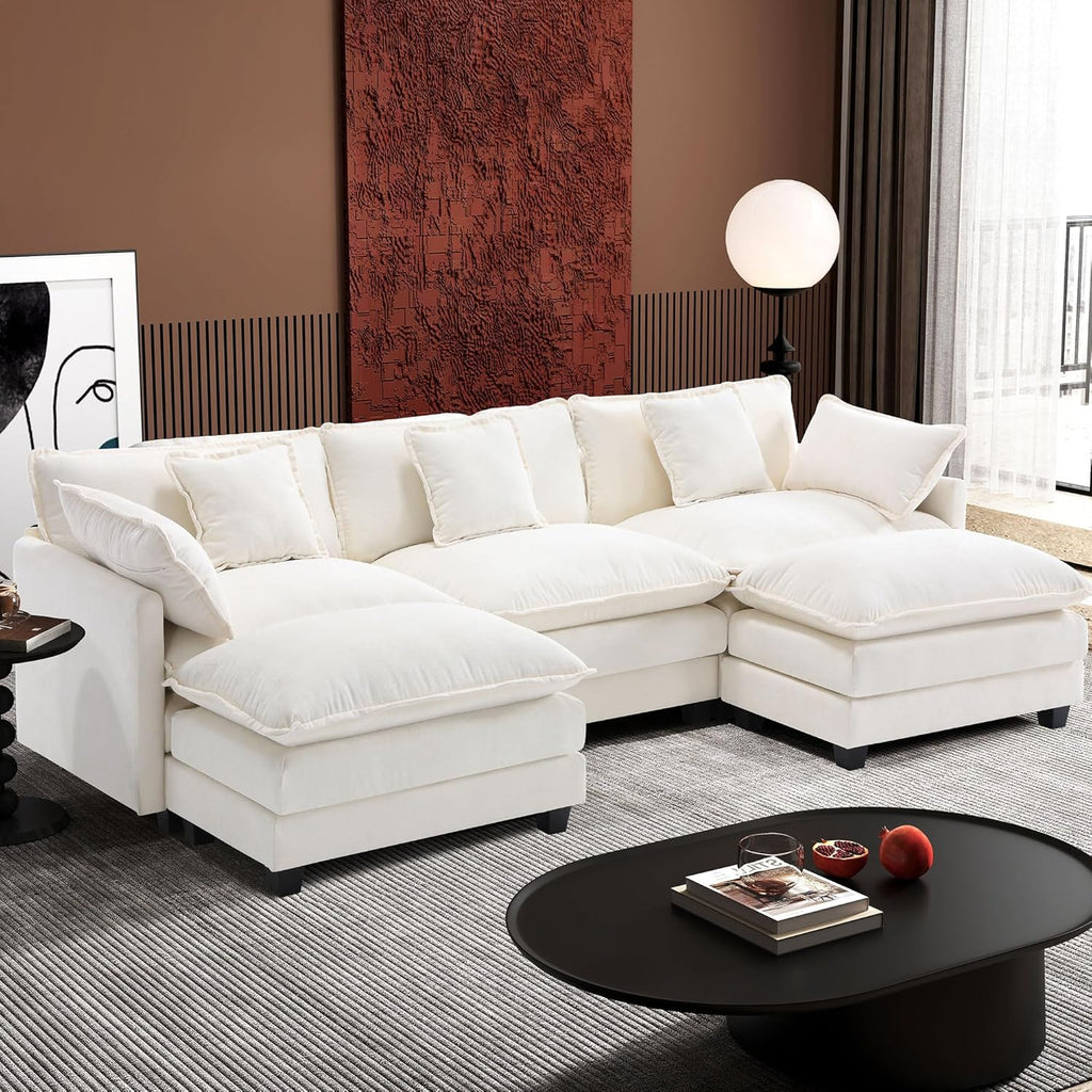 Ihanherry 111.4' U Shaped Cloud Couch Modern Modular Sectional Sofa with 2 Ottoman, 5-Seat Chenille Deep Seat Sofa with 5 Pillows for Living Room, Bedroom and Apartment, Beige