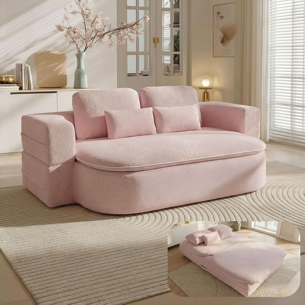 75'' Folding Sleeper Sofa Bed, Convertible Memory Foam Boneless Couch, Foldable Full Size Guest Bed, Modern 2-in-1 Futon Floor Sleeper Sofa with 4 Pillows and Blanket (Teddy, Pink2)