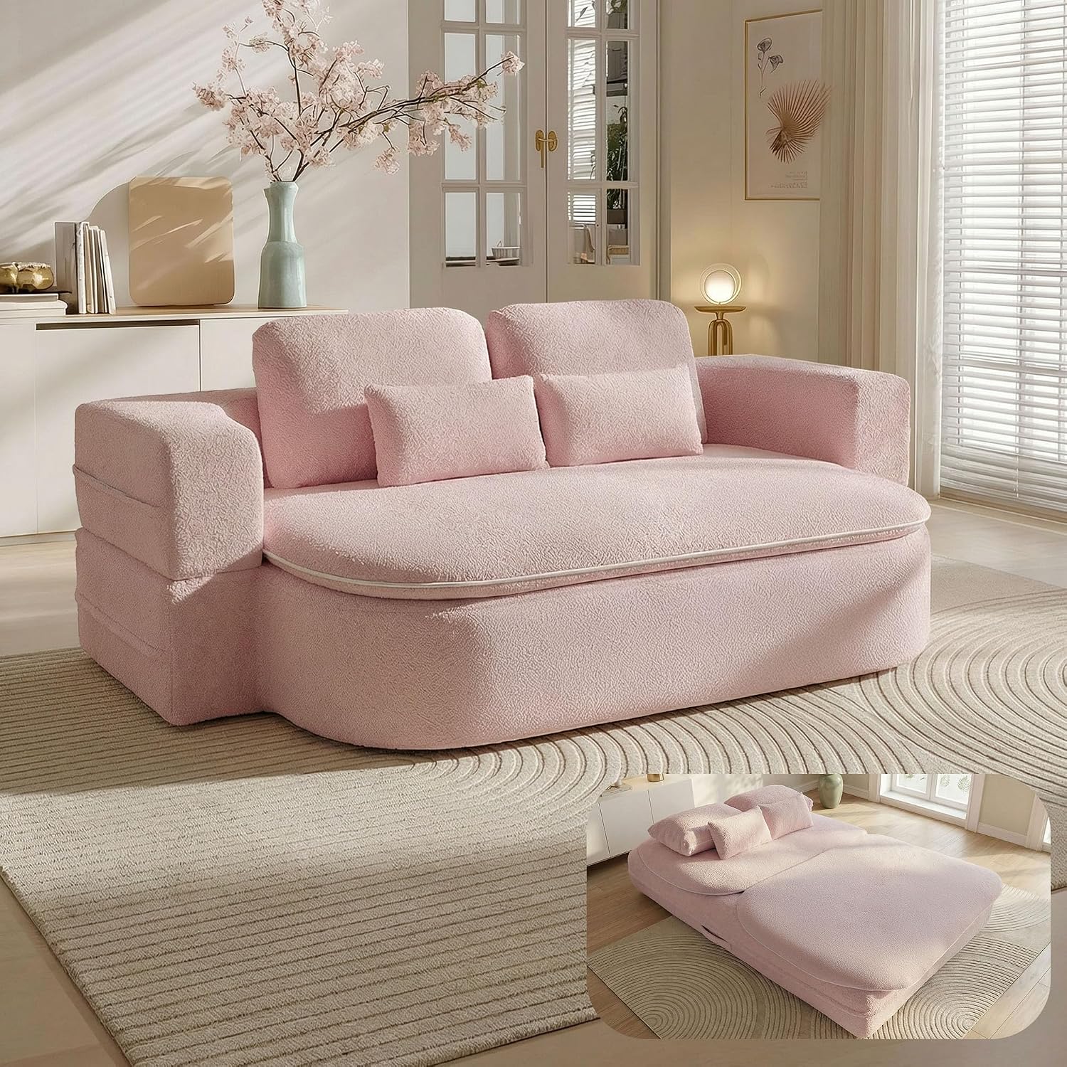 75'' Folding Sleeper Sofa Bed, Convertible Memory Foam Boneless Couch, Foldable Full Size Guest Bed, Modern 2-in-1 Futon Floor Sleeper Sofa with 4 Pillows and Blanket (Teddy, Pink2)