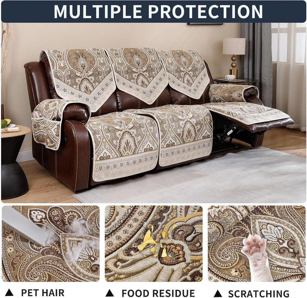 Waterproof Recliner Sofa Covers Non-Slip Recliner Couch Covers for 2 seat, Split Washable Jacquard Reclining Couch Covers Furniture Protecto (FLKF-Beige, 3 Seater)