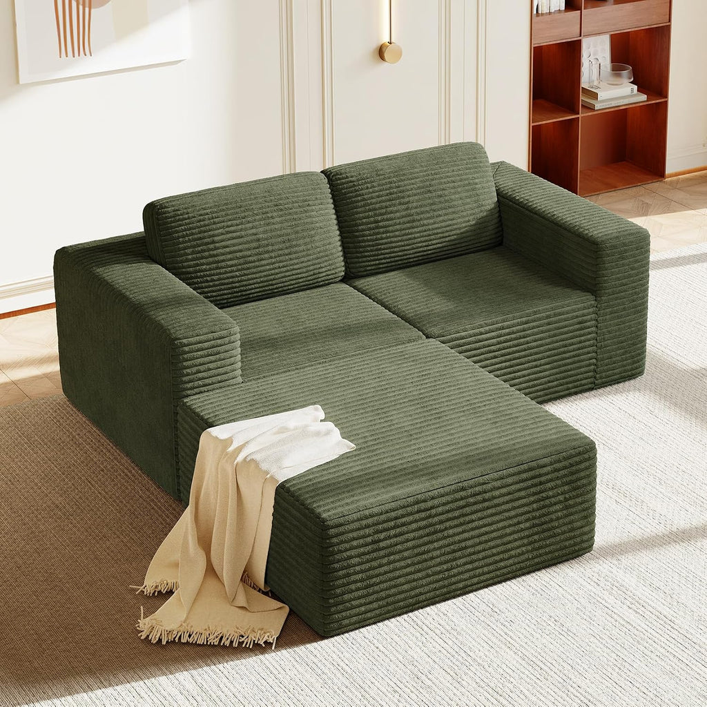 Vesgantti 80' Modular Sectional Sofa, Corduroy Cloud Couch with Deep Seats & Spring Support, Compact 2 Seater Boneless Couch, L-Shaped Modular Sofa for Small Spaces, Apartments, No Assembly, Green