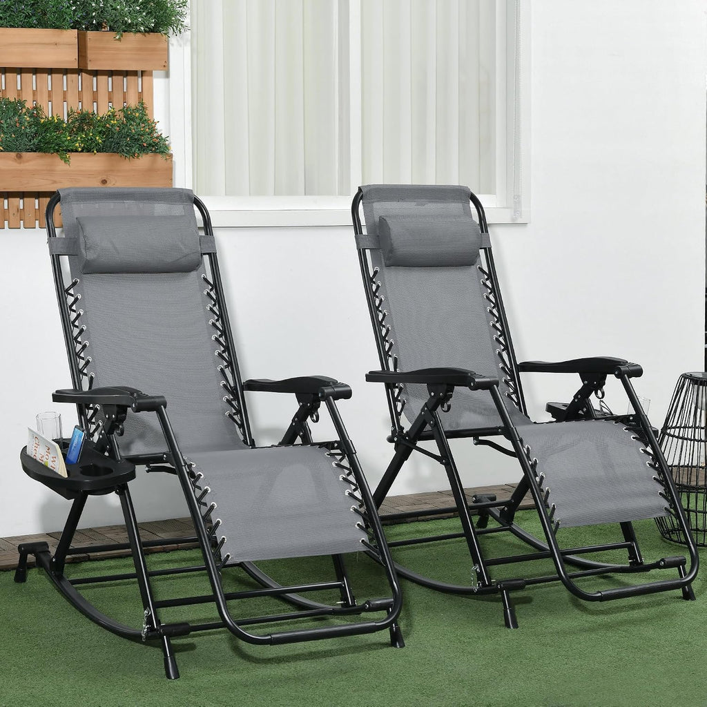 Outsunny Set of 2 Outdoor Rocking Chairs, Foldable Reclining Zero Gravity Lounge Rocker with Pillow, Cup & Phone Holder, Combo Design with Folding Legs, Gray