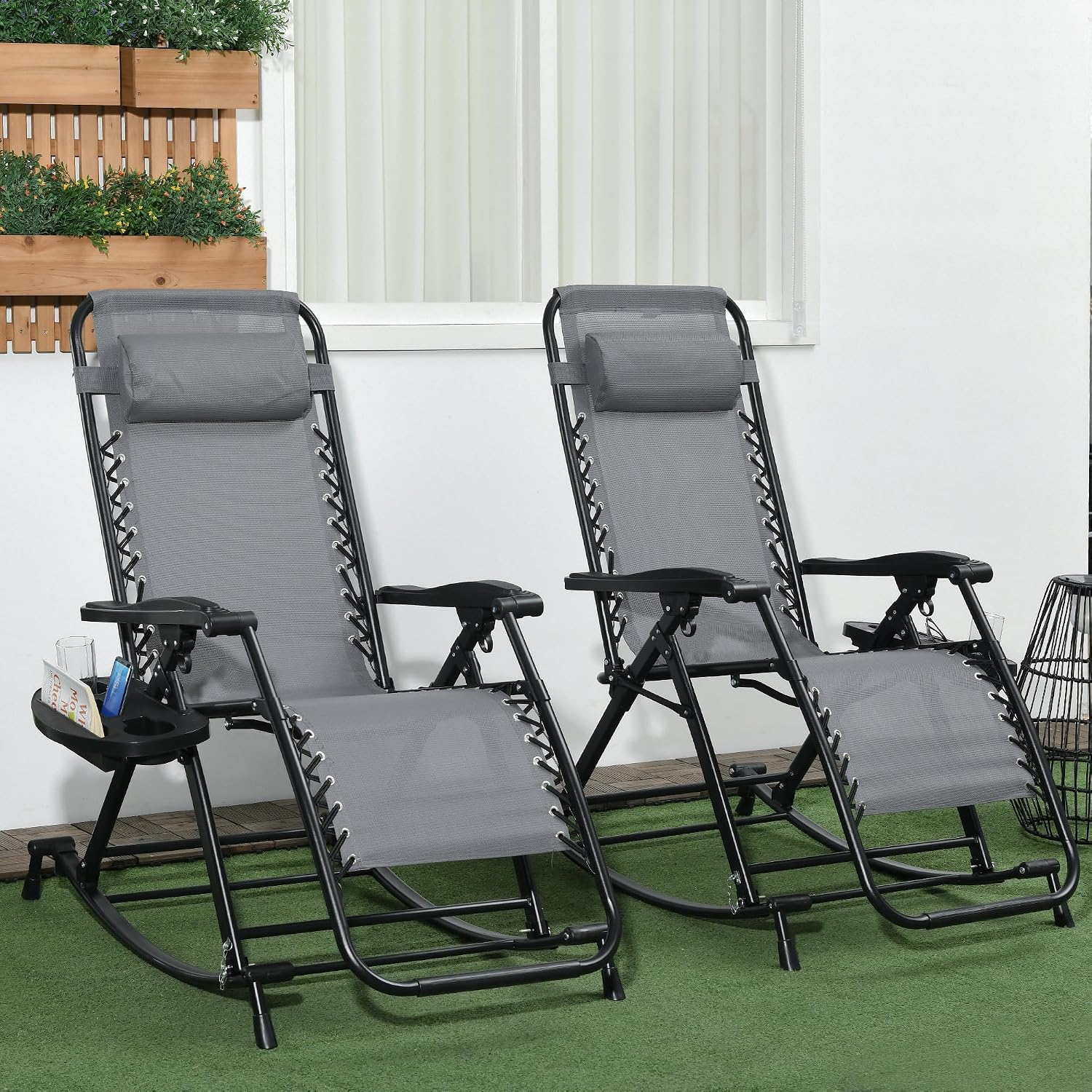Outsunny Set of 2 Outdoor Rocking Chairs, Foldable Reclining Zero Gravity Lounge Rocker with Pillow, Cup & Phone Holder, Combo Design with Folding Legs, Gray
