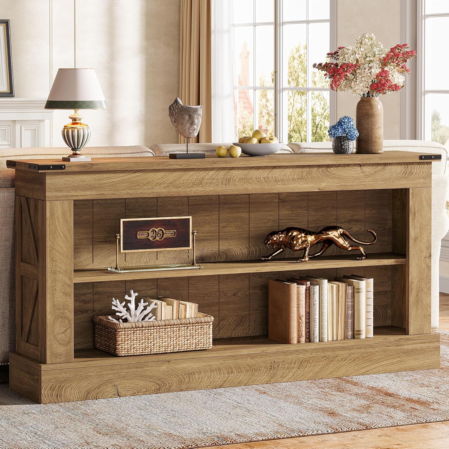 Tribesigns 63-Inch Long Console Table for Entryway, Narrow Long Entry Table with Shelves for Living Room, Farmhouse Sofa Console Behind Couch, for Foyer, Hallway, Brown