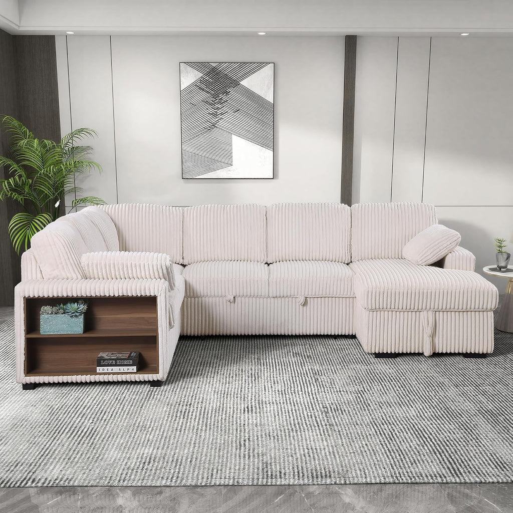 118 inch Oversized U Shaped Sectional Sleeper Sofa with Pull Out Couch Bed , Plush Corduroy Convertible Pullout Sofabed with Storage Chaise & Shelves,6 Seater Corner Couches for Living Room Office