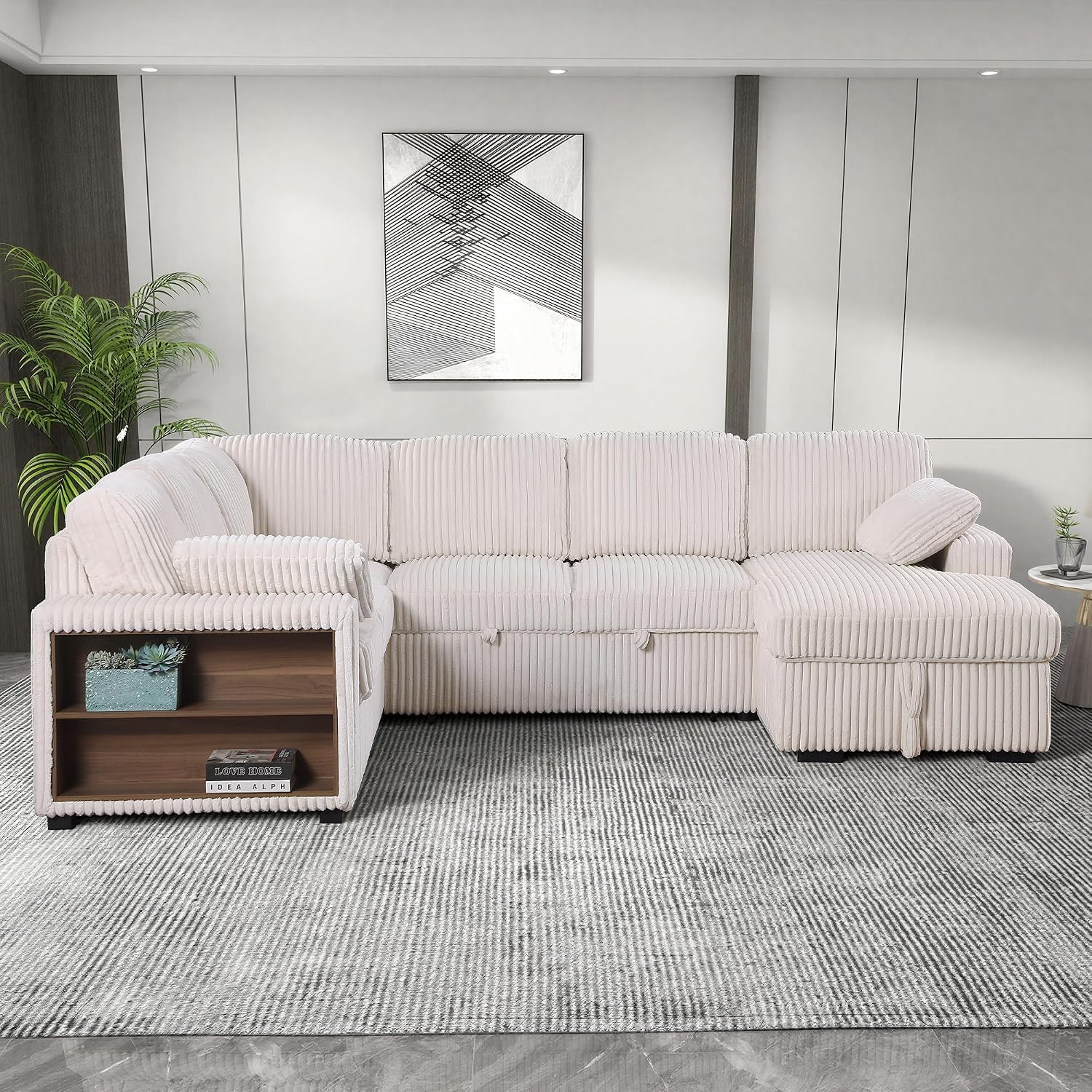 118 inch Oversized U Shaped Sectional Sleeper Sofa with Pull Out Couch Bed , Plush Corduroy Convertible Pullout Sofabed with Storage Chaise & Shelves,6 Seater Corner Couches for Living Room Office