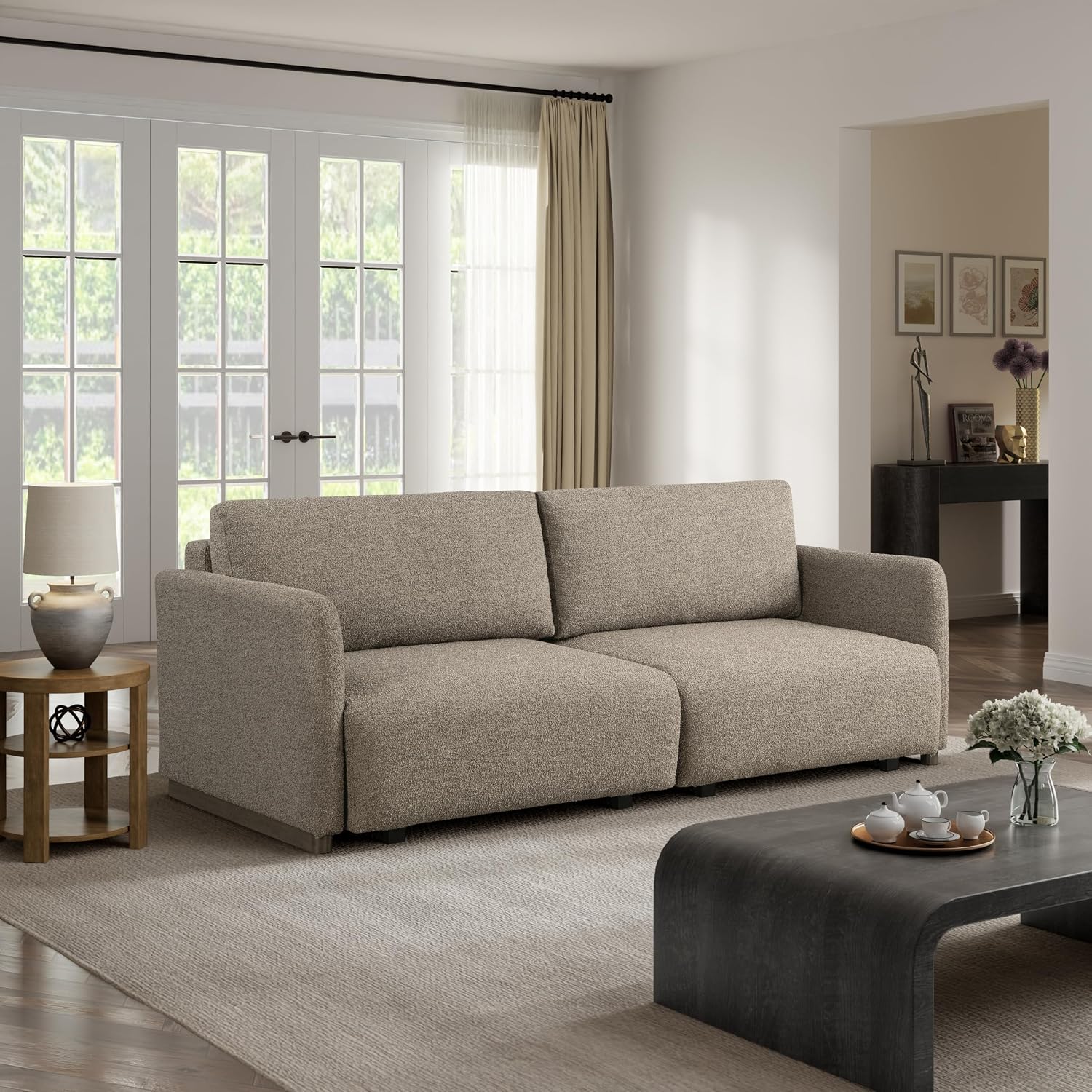 Serta Vail 86' Convertible Sleeper Sofa, Queen Size, Wall-Hugging Dreamglide Mechanism, Dreamcoil Comfort, Boucle Fabric, Brown