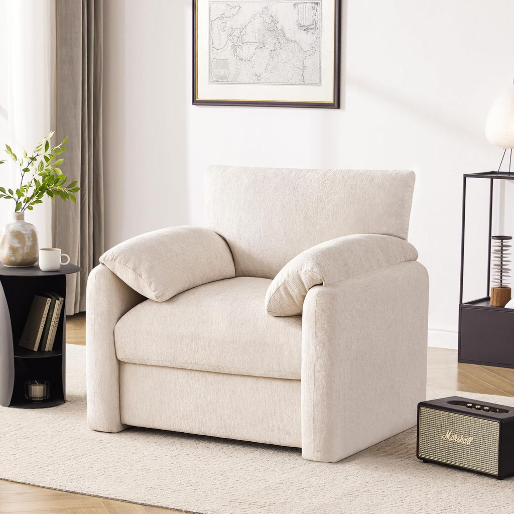 Howjoe Chenille Oversized Armchair, 38.6' Wide Accent Chairs for Living Room & Bedroom Modern Lounge Chair, Upholstered Mid-Century Reading Chair, Comfy Living Room Chair, Single Sofa Chair, Beige