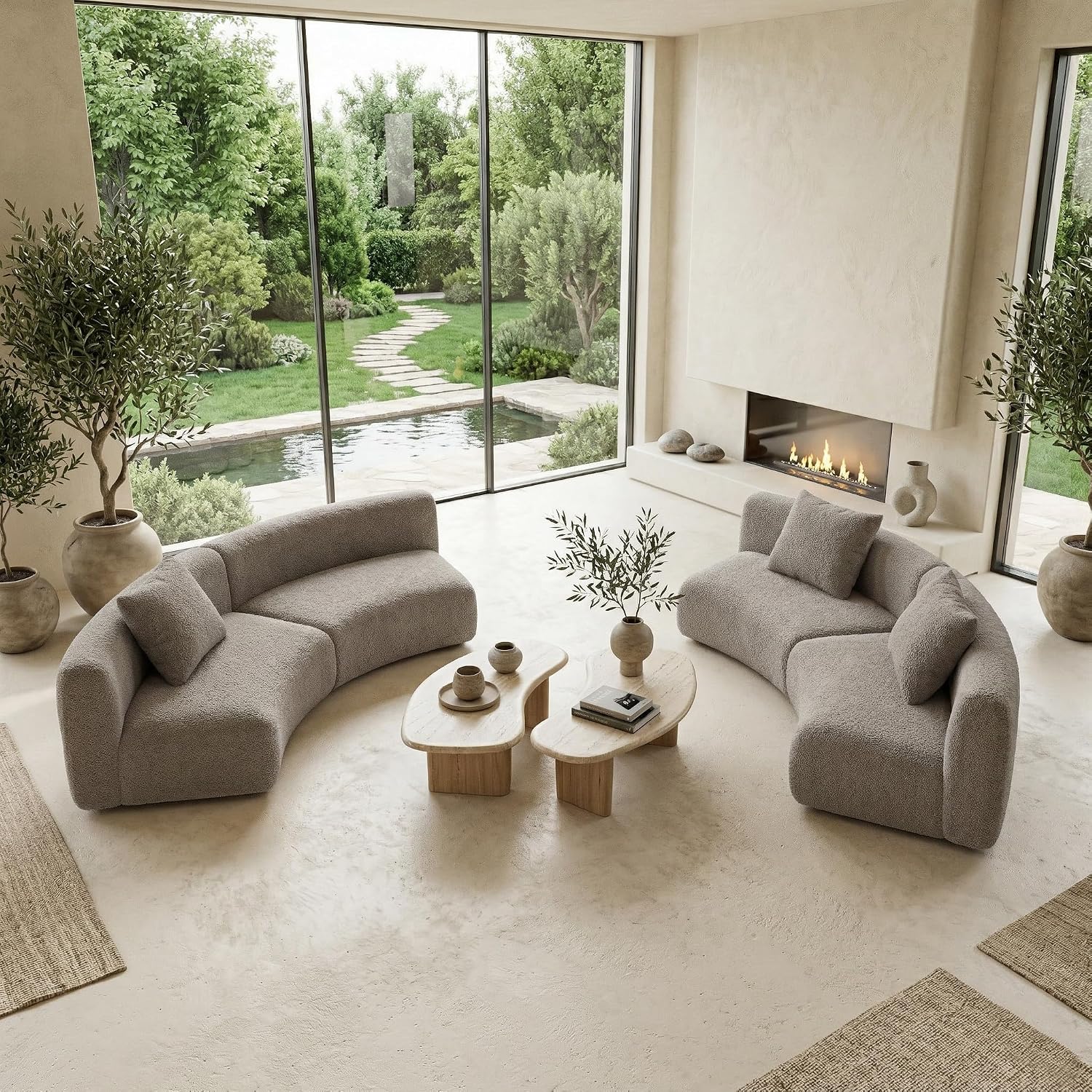 Acanva Modern Curved Sectional Living Room Couch, Minimalist Comfy Boucle Fabric Modular Sofa for Apartment, Home Office, 3-Piece Set (3 x Armless Chair), Light Coffee | Boucle Fabric, Modular, Minimalist, Comfy