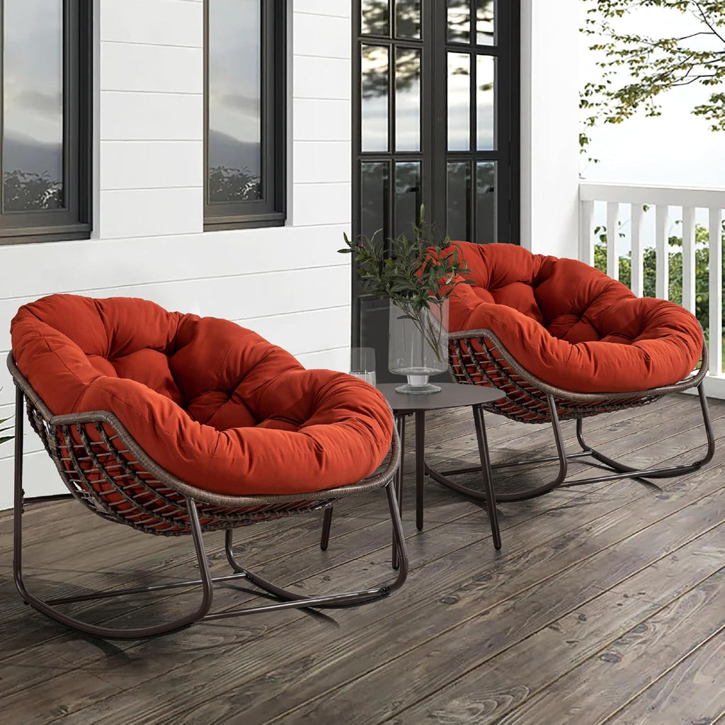 KEIKI Oversized Patio Lounge Chair-Outdoor Rattan Egg Reading Chair, Indoor Padded Cushion Papasan Rocking Chair W/Steel Frame, Porch Rocker Chairs Furniture for Garden Lawn, Orange Red Spun-polyester
