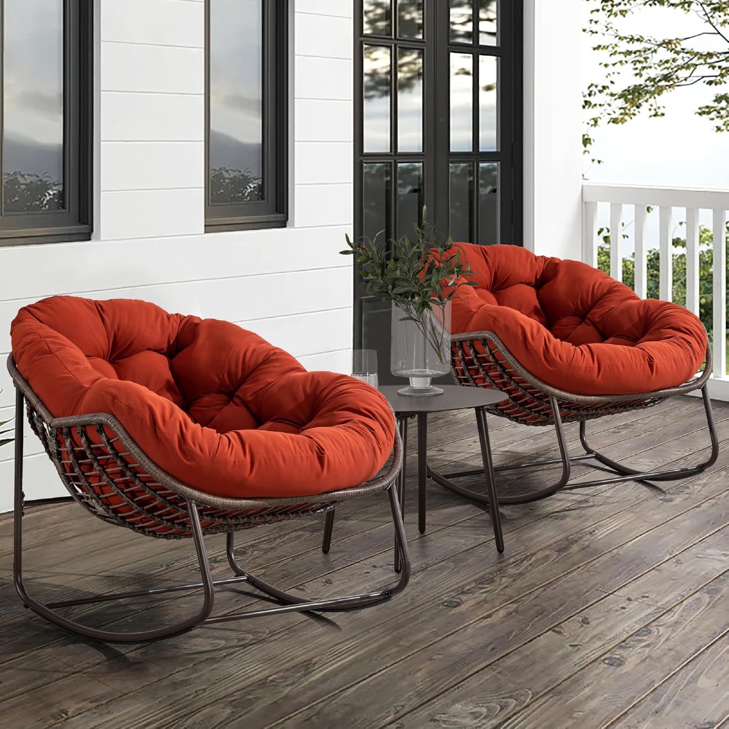KEIKI Oversized Patio Lounge Chair-Outdoor Rattan Egg Reading Chair, Indoor Padded Cushion Papasan Rocking Chair W/Steel Frame, Porch Rocker Chairs Furniture for Garden Lawn, Orange Red Spun-polyester