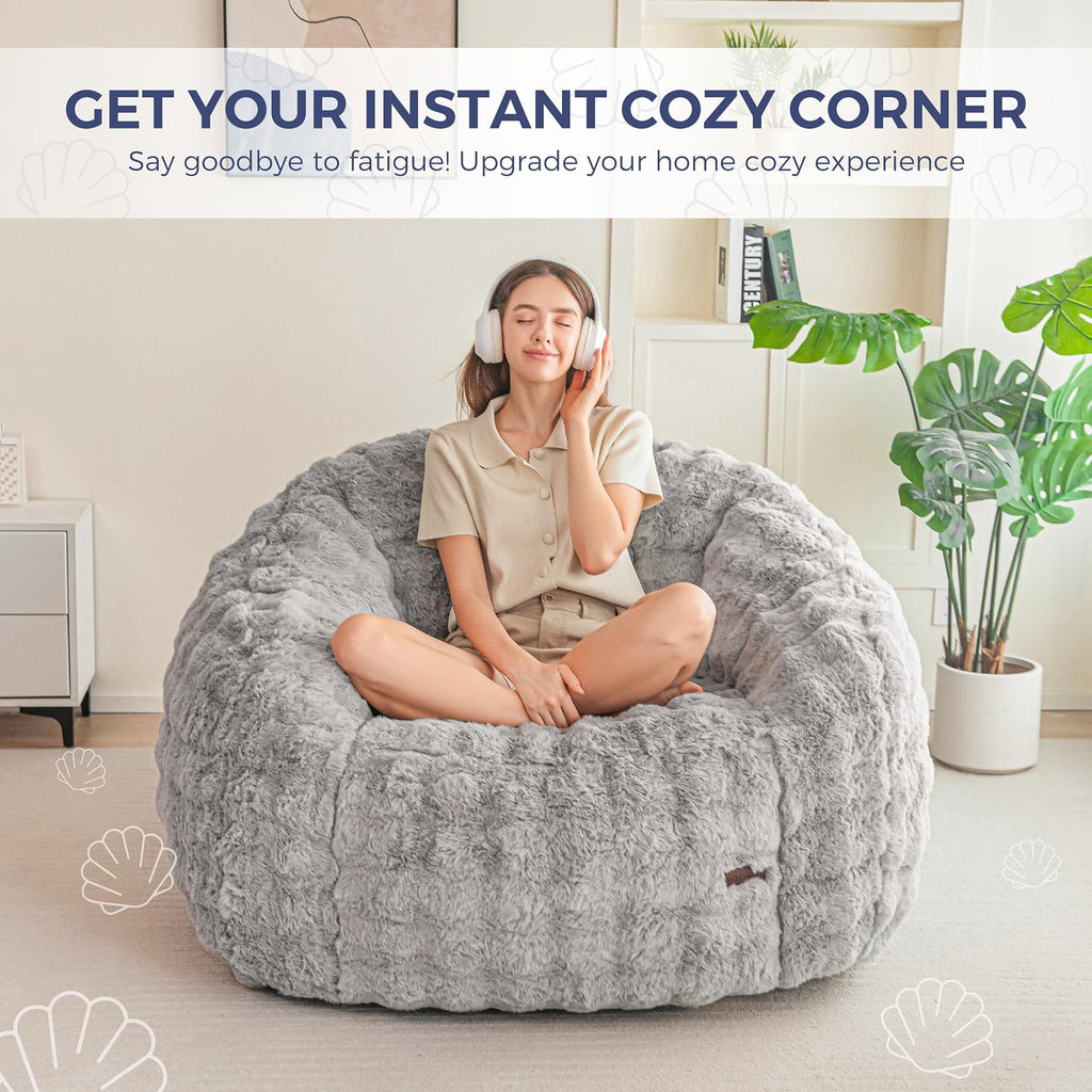 MAXYOYO Giant Bean Bag Chair for Adults, Stuffed Shell-Shaped Large Bean Bag Couch, Cozy Living Room Chair with Filler, Floor Sofa Lazy Sofa for Bedroom Living Room, Grey