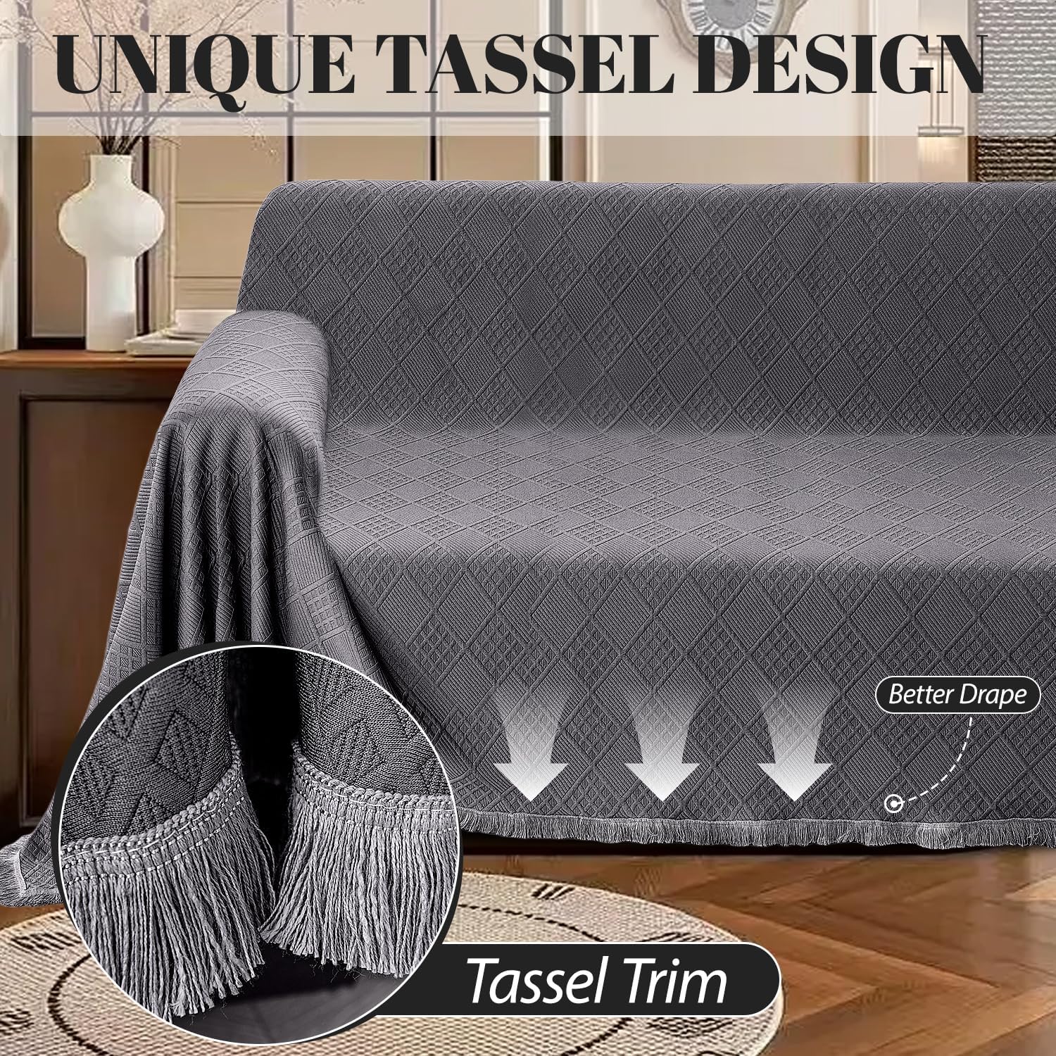 Waterproof Sectional Couch Covers Sectional Sofa Cover L Shaped Corner Sofa Slipcovers Blanket for Dogs Pets Washable Jacquard Quilted L Shape Furniture Protector (75x252 in, Dark Grey)