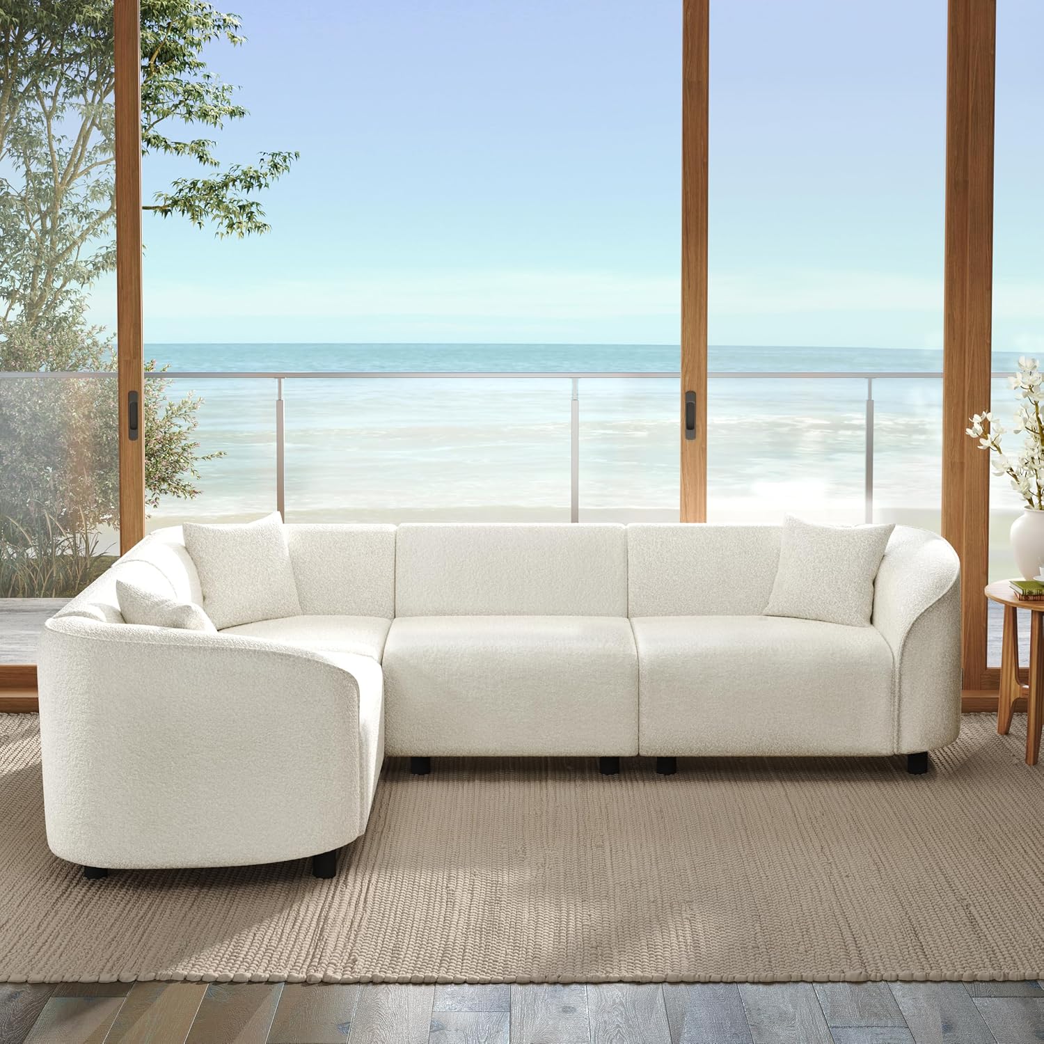 Merax 104' L-Shaped Curved Sofa, Comfy Upholstered Sectional Couch with Extra Deep Seats, Boucle Sofa for Living Room Apartment Office, Beige
