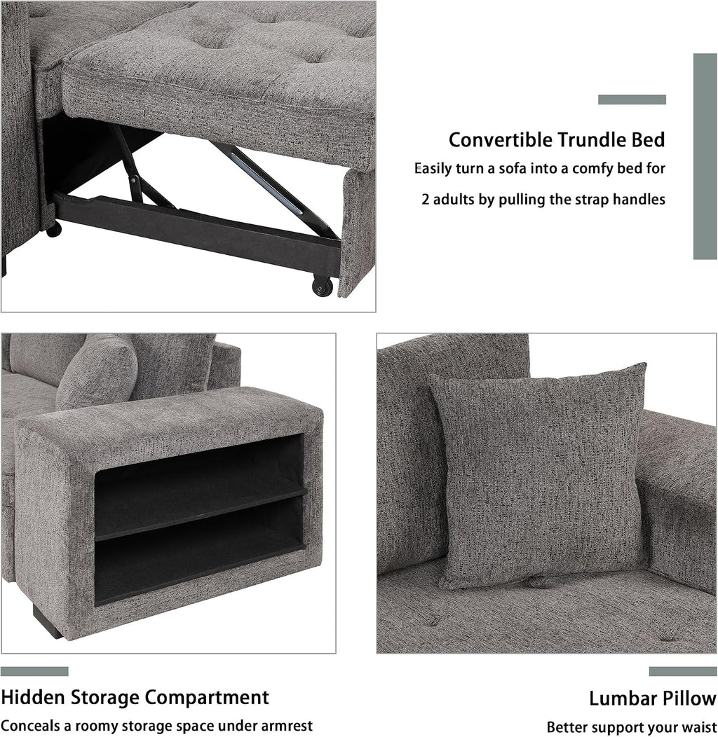 104.5 inch Reversible Sleeper Sectional Sofa with Pull Out Bed , Convertible L Shaped Sectional Couch with Storage Chaise and 2 Stools , Tufted Upholstered Pullout Sofa Bed for Living Room Apartment