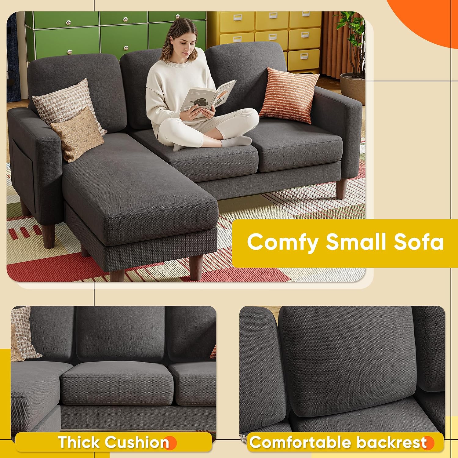 YESHOMY Couch for Living Room, Small L-Shaped Couch with Convertible Chaise, Comfy Sectional Sofa with Ottoman and Side Pockets for Small Space,Dark Grey