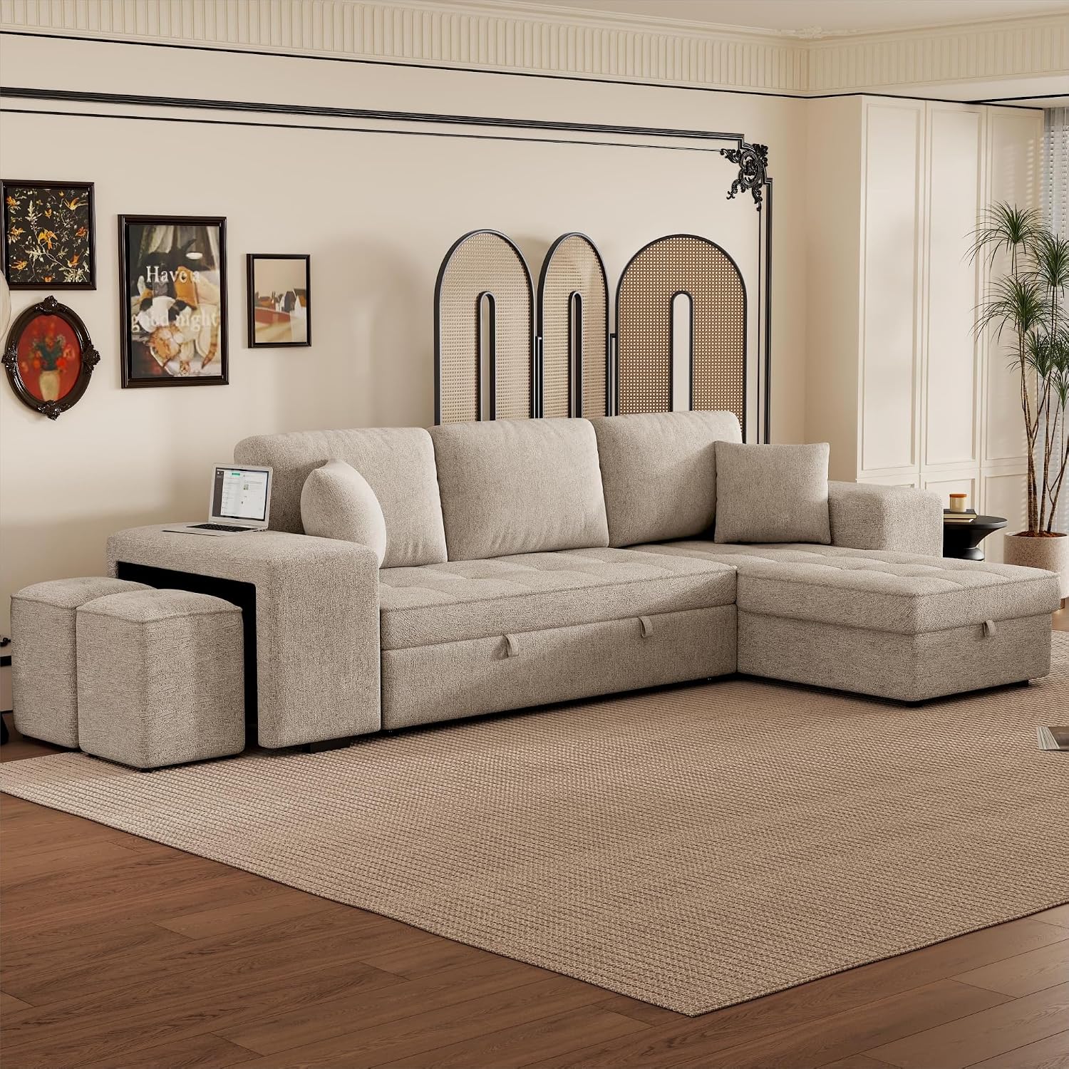 104.5 inch Reversible Sleeper Sectional Sofa with Pull Out Bed , Convertible L Shaped Sectional Couch with Storage Chaise and 2 Stools , Tufted Upholstered Pullout Sofa Bed for Living Room Apartment