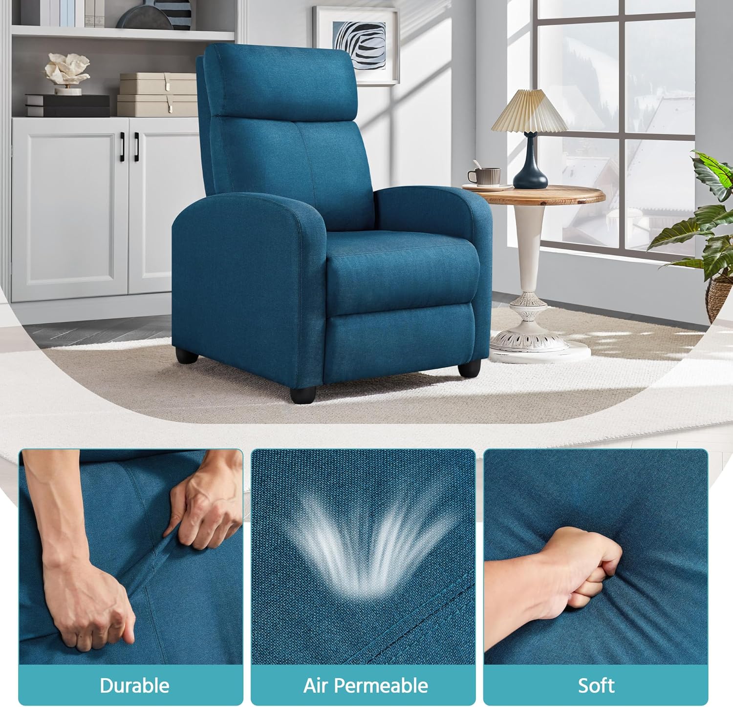 Yaheetech Recliner Chair Fabric Recliner Sofa with Lumbar Support High-Density Foam & Pocket Springs, Home Theater Seating Push Back Armchair for Living Room Blue