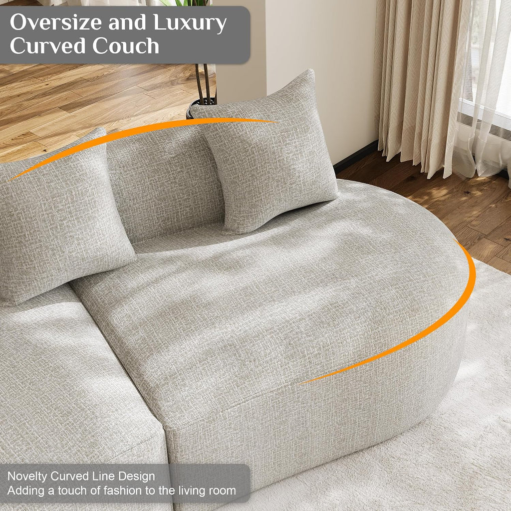 134' Oversized Sectional Sofa for Living Room, Modern Luxury Plush Chenille 4-Seater Extra Deep & Wide Seat Curved Cloud Couch with 5 Throw Pillows, No Assembly Needed, Light Grey