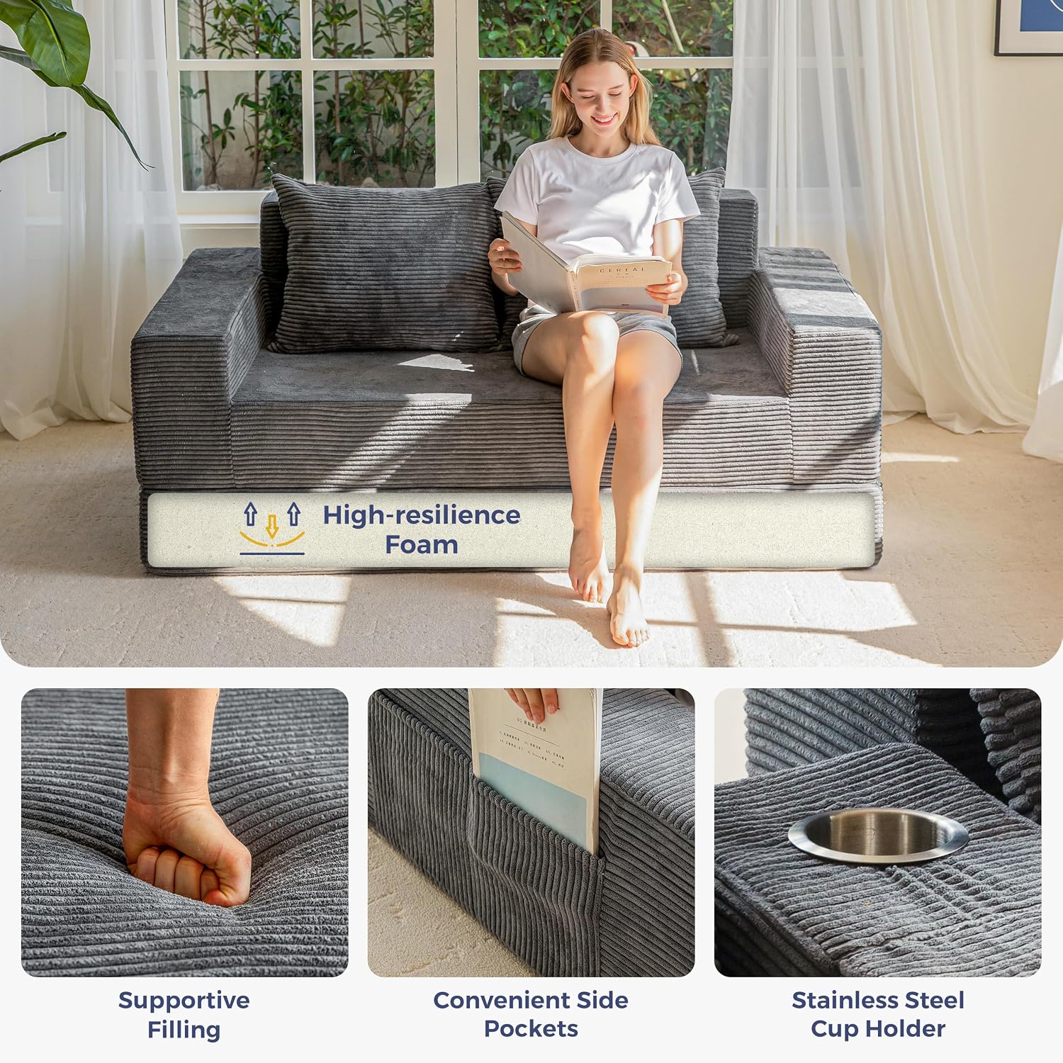 MAXYOYO Loveseat Sofa Bed, 64' Foldable Floor Sofa Couch in A Box with 2 Cup Holders, 4 in 1 Convertible Boneless Couch Folding Recliner Sleeper Chair for Living Room,Charcoal Grey