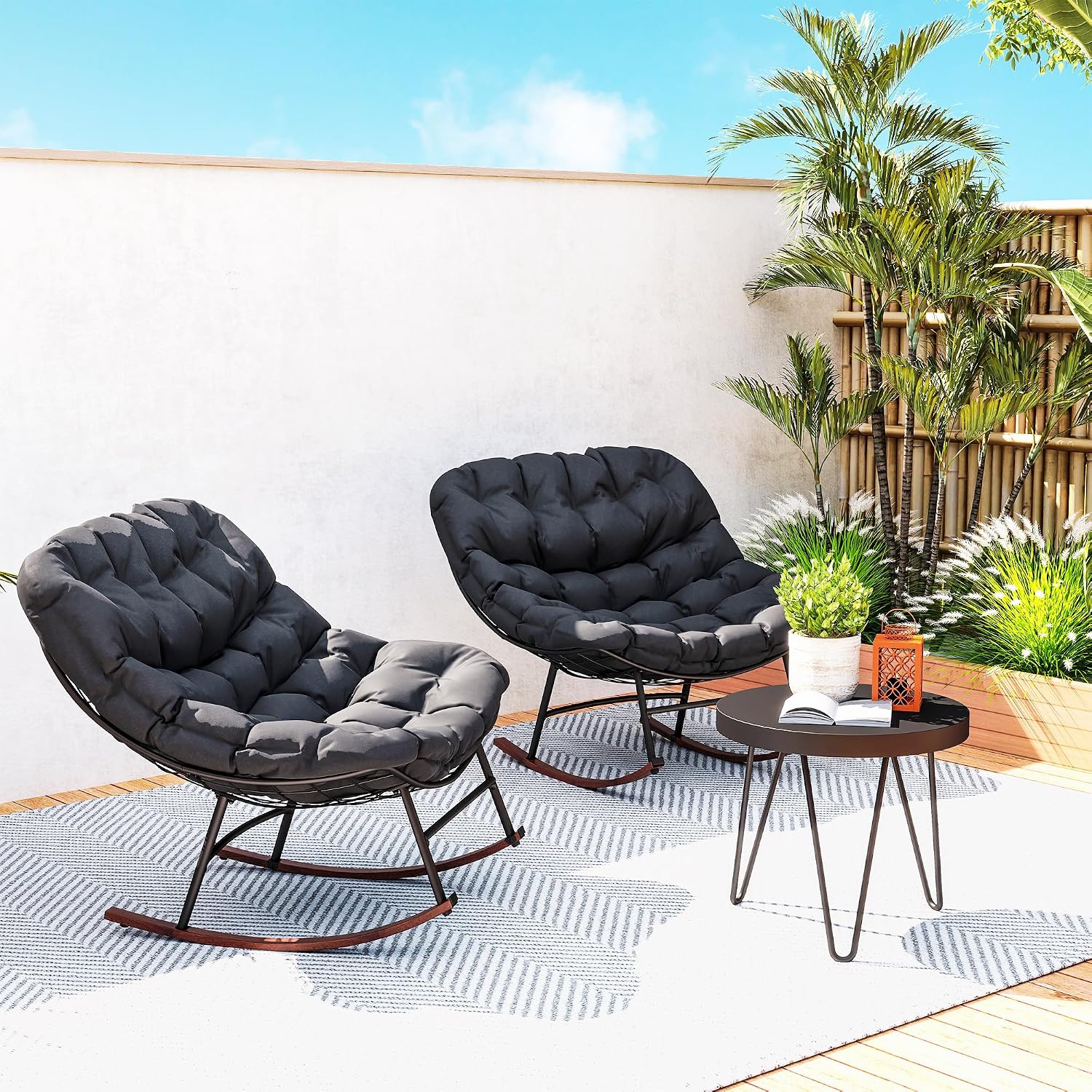 Outsunny Outdoor Rocking Chair Set of 2, Oversized Rocking Papasan Chairs with Cushions, Steel Frame, Comfy Outdoor Rockers for Patio Porch Lawn Garden, Black