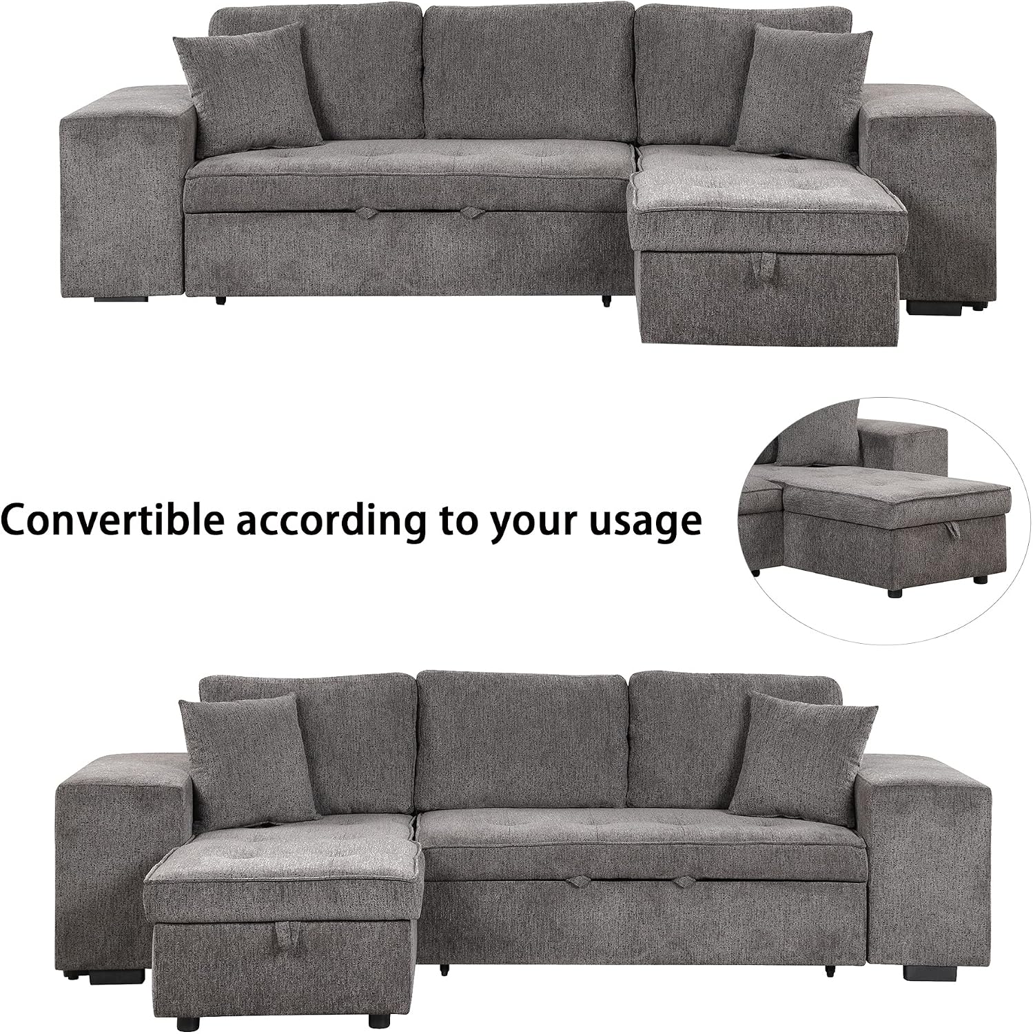 104.5 inch Reversible Sleeper Sectional Sofa with Pull Out Bed , Convertible L Shaped Sectional Couch with Storage Chaise and 2 Stools , Tufted Upholstered Pullout Sofa Bed for Living Room Apartment