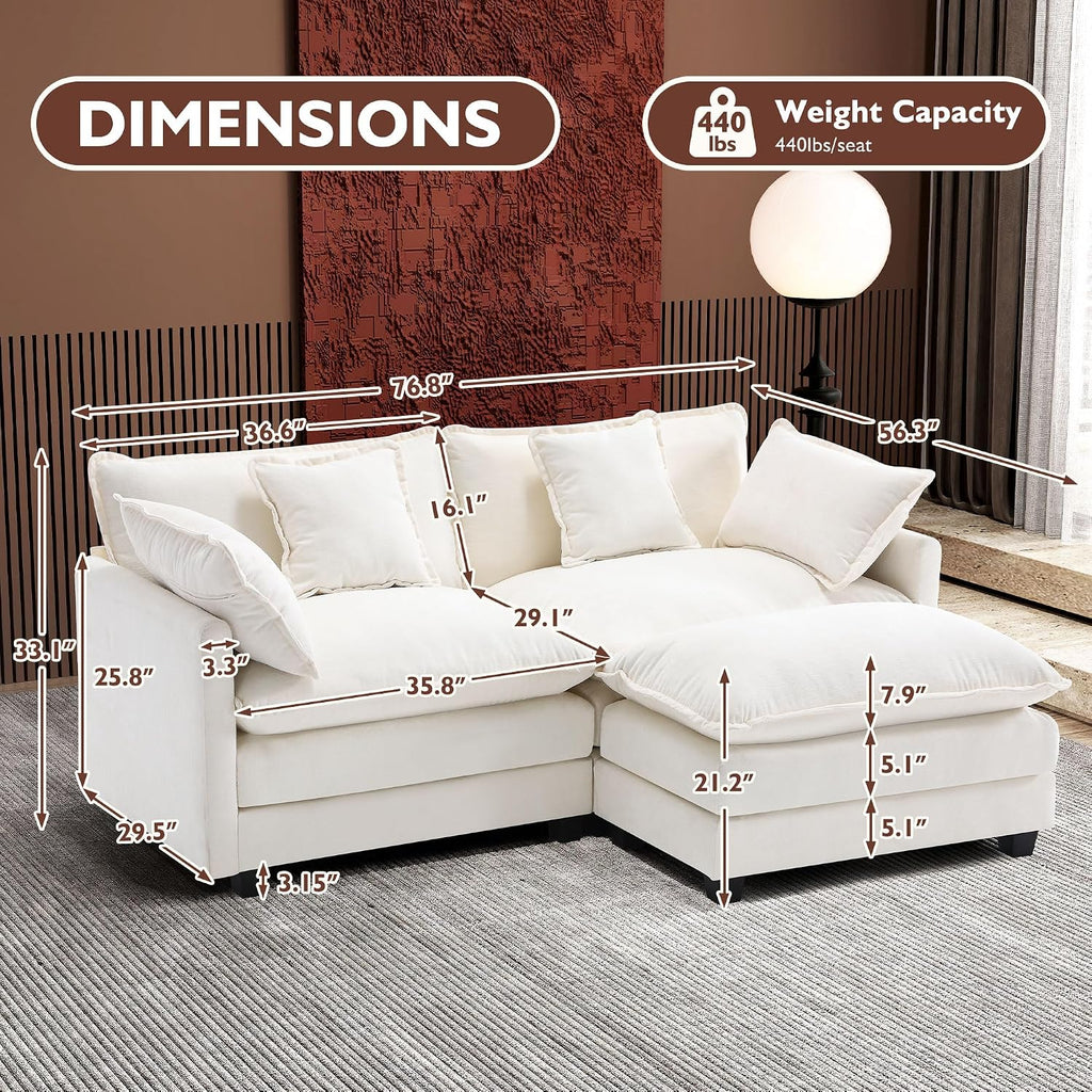 Ihanherry 77' L Shaped Modern Sofa Modular Sectional Cloud Couch with Ottoman, 3-Seat Chenille Deep Seat Sofa with Pillow for Living Room, Bedroom and Apartment, Beige
