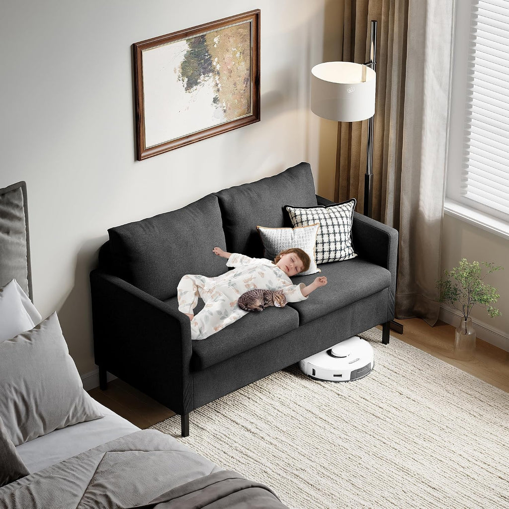 TYBOATLE Linen Fabric Modern Small Loveseat Sofa Couch for Living Room, 51' W Little Upholstered 2-Seater Mini Love Seats w/Iron Legs for Small Space, Apartment, Bedroom, Dorm, Office (Dark Grey)