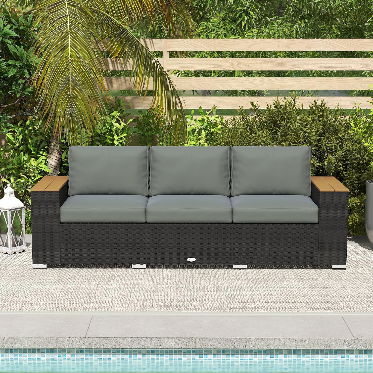 Outsunny 3-Seat Outdoor Patio Sofa with 24.5' Extra Wide Deep Seats, PE Wicker Sofa with Wide Wood Effect Armrests and 4' Cushions, Rattan Outdoor Couch for Porch, Garden, Poolside, Dark Gray
