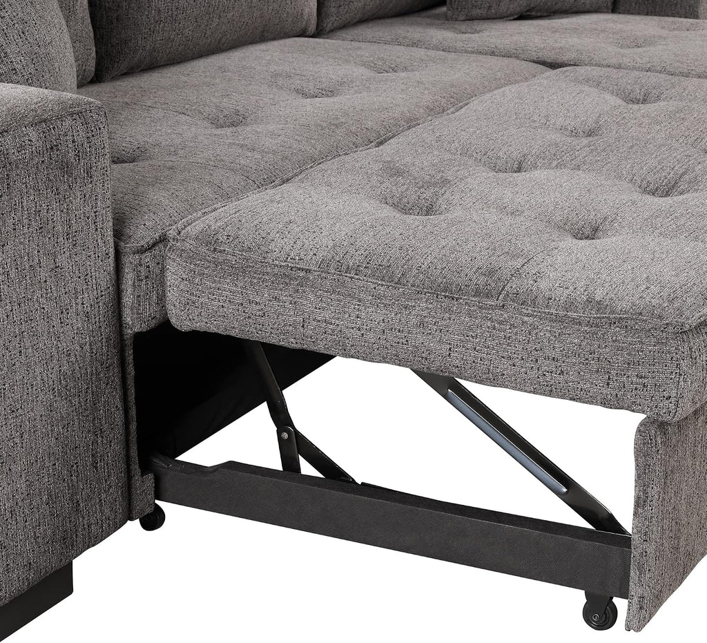 104.5 inch Reversible Sleeper Sectional Sofa with Pull Out Bed , Convertible L Shaped Sectional Couch with Storage Chaise and 2 Stools , Tufted Upholstered Pullout Sofa Bed for Living Room Apartment