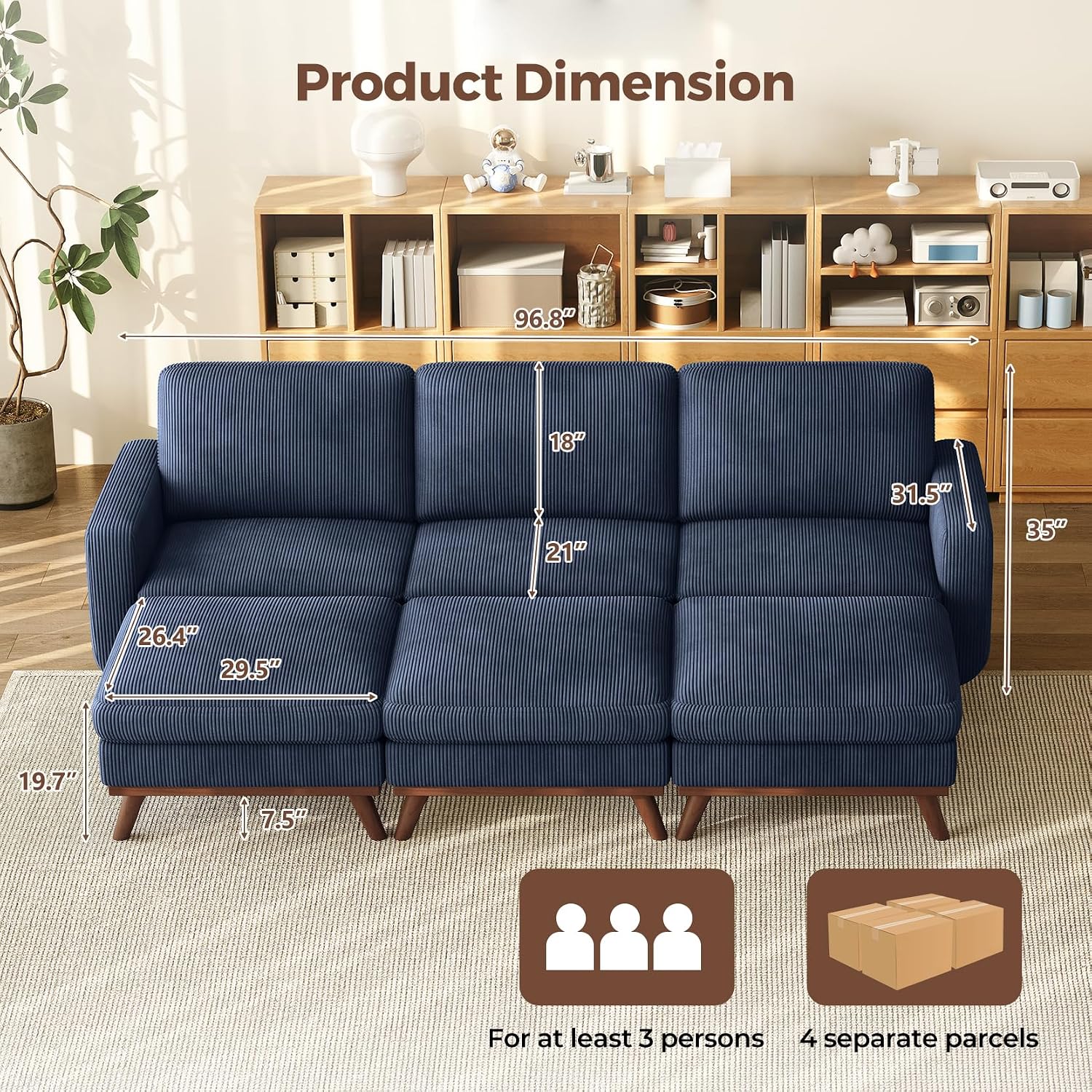 Vesgantti 97' Modular Sectional Sofa Drak Blue, Sectional Couch with Movable Ottoman, Comfy Corduroy Couch with Spring Cushion, Modular Sofa with Deep Seat for Living Room, Bedroom and Apartment