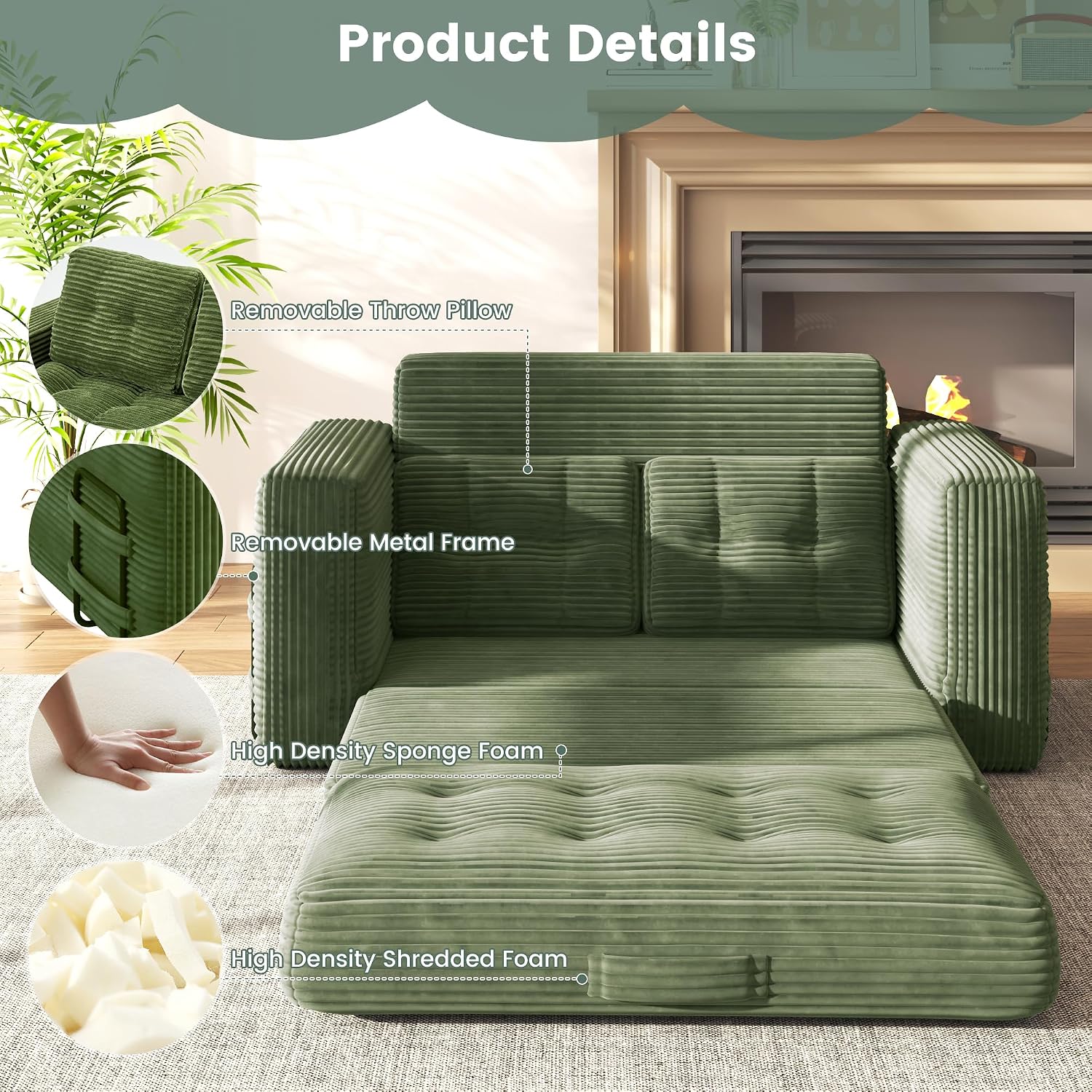 Convertible Sofa Bed, 2 in 1 Boneless Couch Bed with 2 Pillows, Corduroy Pull out Couch Folding Sofa Bed with Deep Seat, Small Loveseat Sleeper Sofa Bed in a Box for Small Spaces, No Assembly, Green