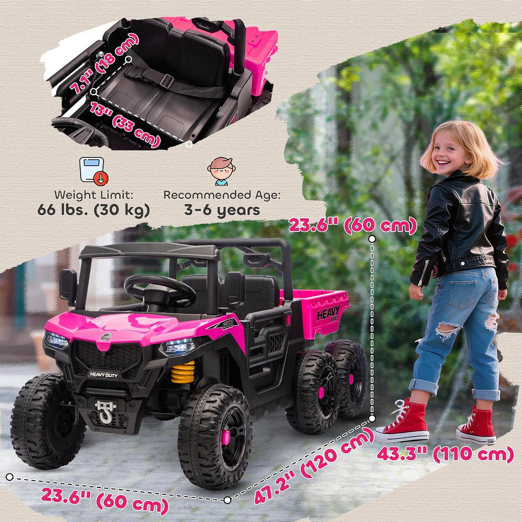 Qaba 24V Kids Ride On Car with 6 Wheels, 4WD Electric Ride On Dump Truck with Remote Control, Wheel Suspension, Off-Road UTV with LED Lights, Horn and Music for Kids 3-6 Years Old, Pink